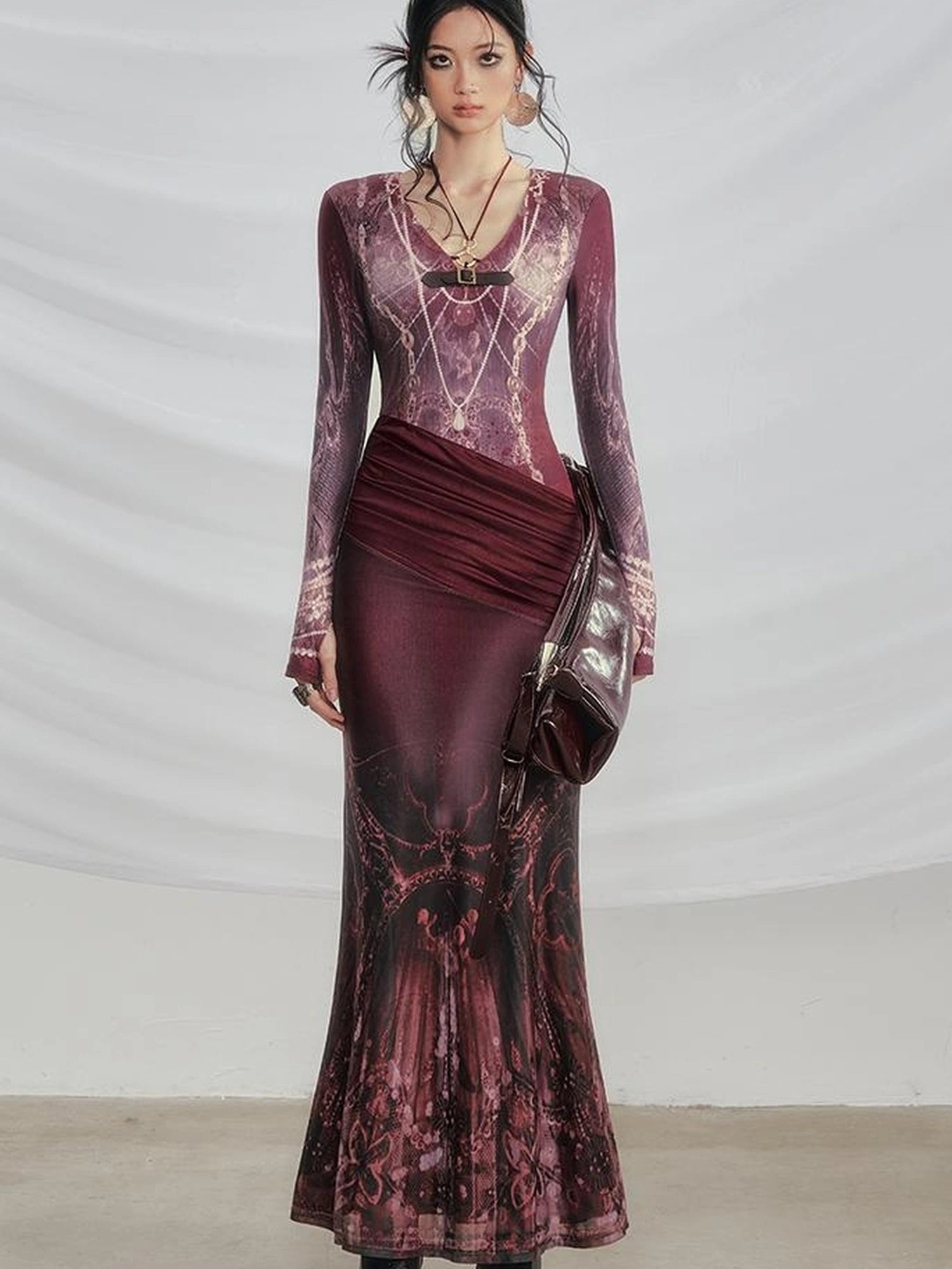 OfAkiva V-Neck Fishtail Maxi Dress With Floral Print