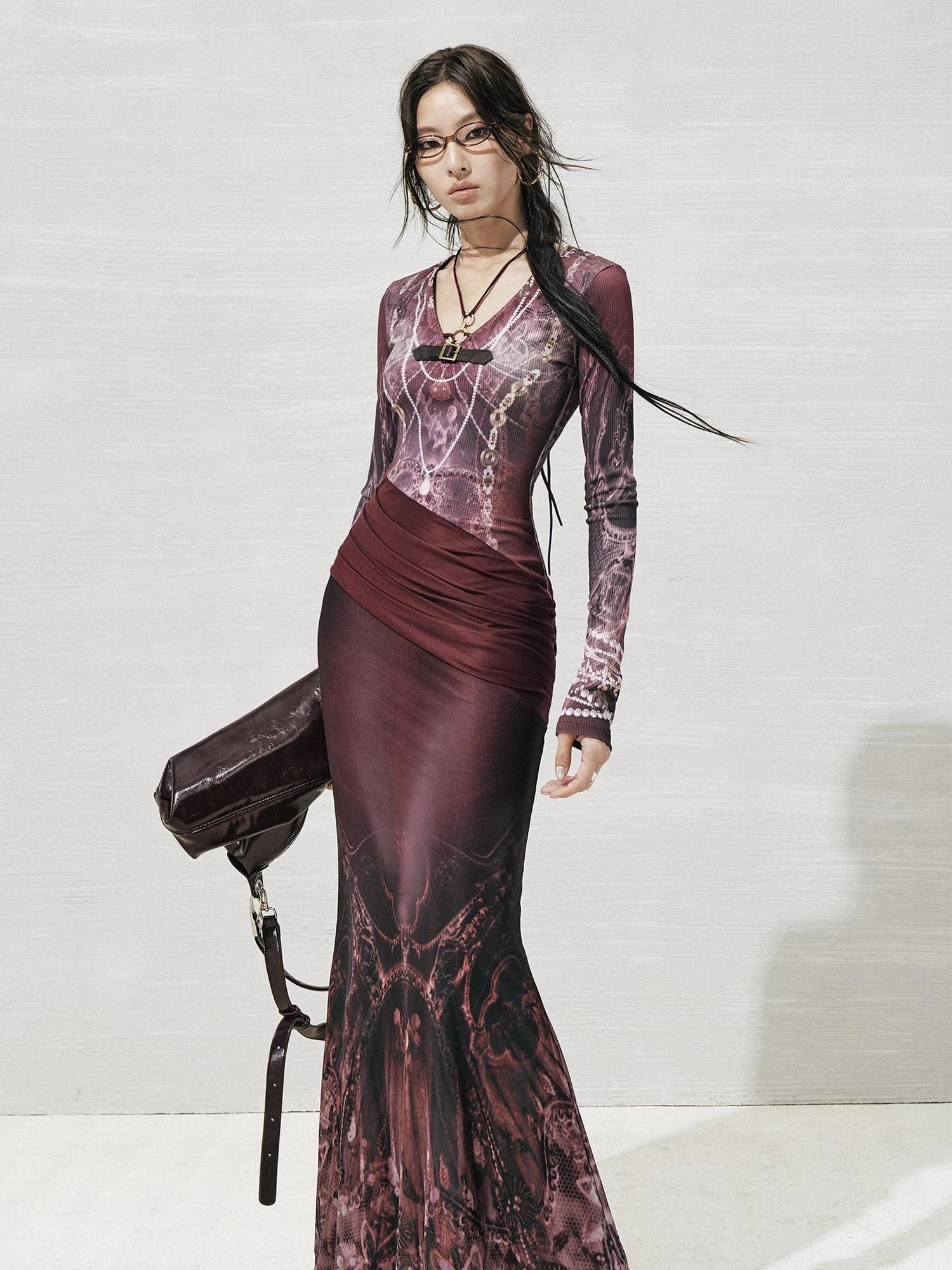 OfAkiva V-Neck Fishtail Maxi Dress With Floral Print