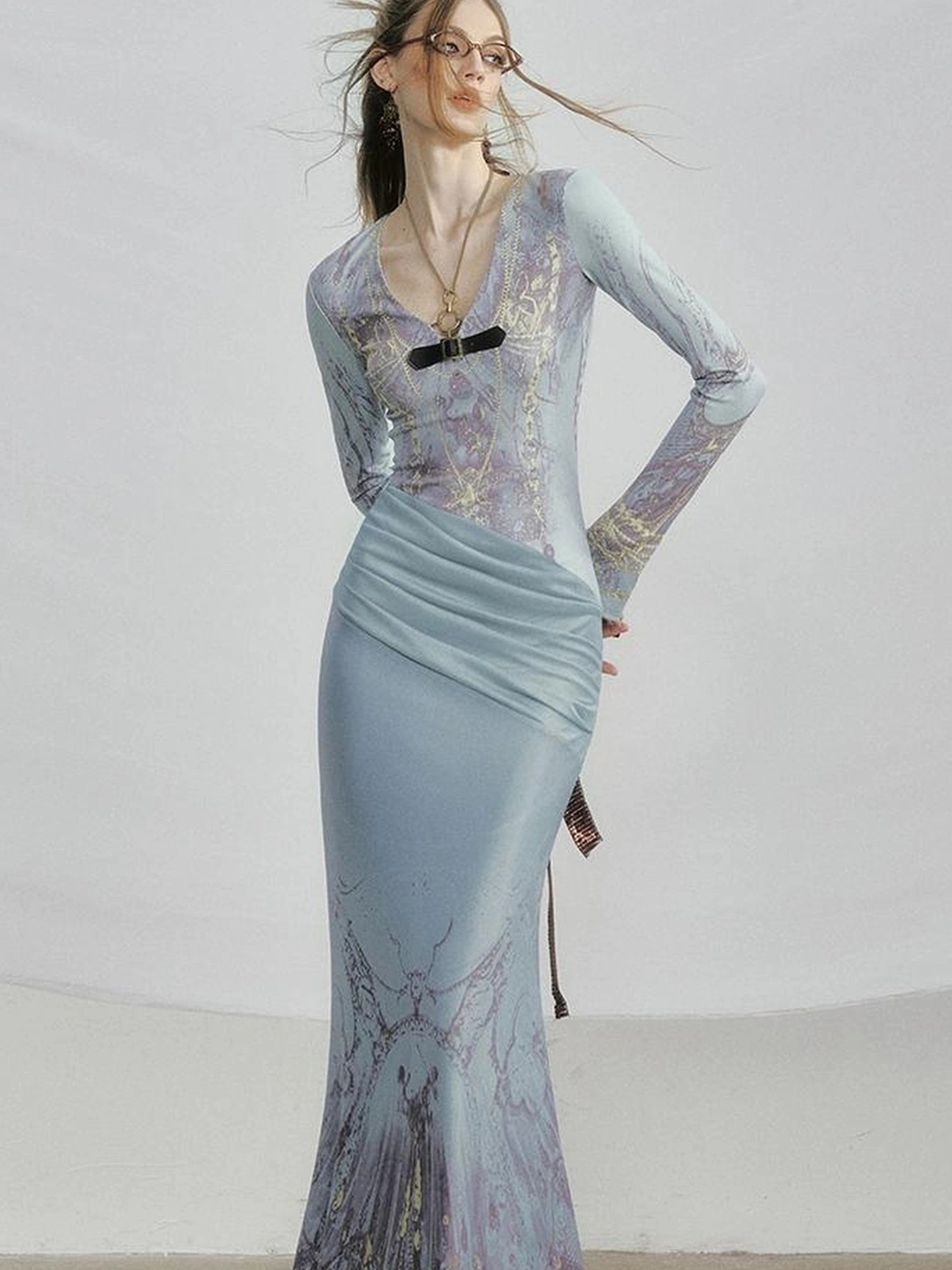 OfAkiva V-Neck Fishtail Maxi Dress With Floral Print