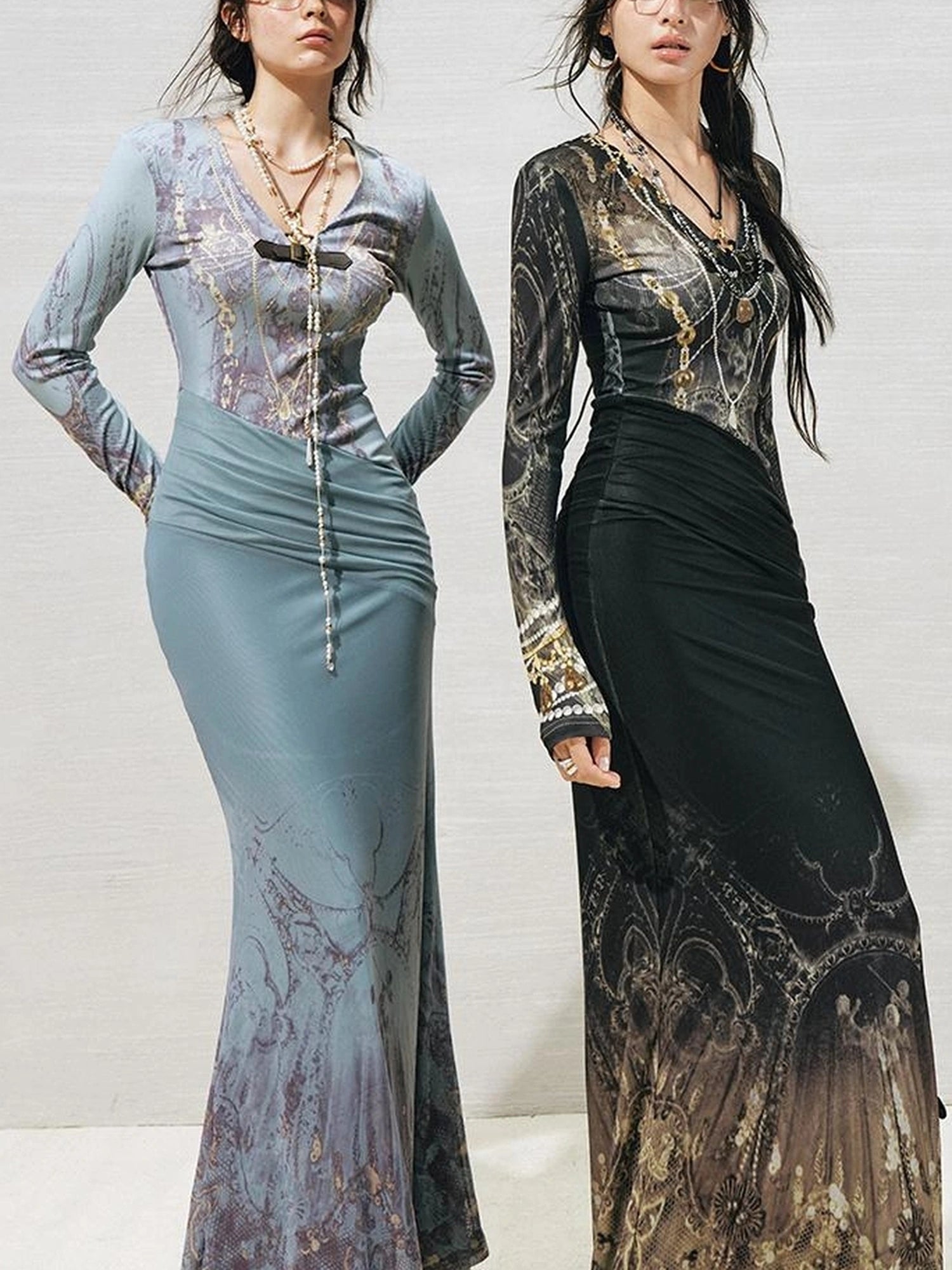 OfAkiva V-Neck Fishtail Maxi Dress With Floral Print