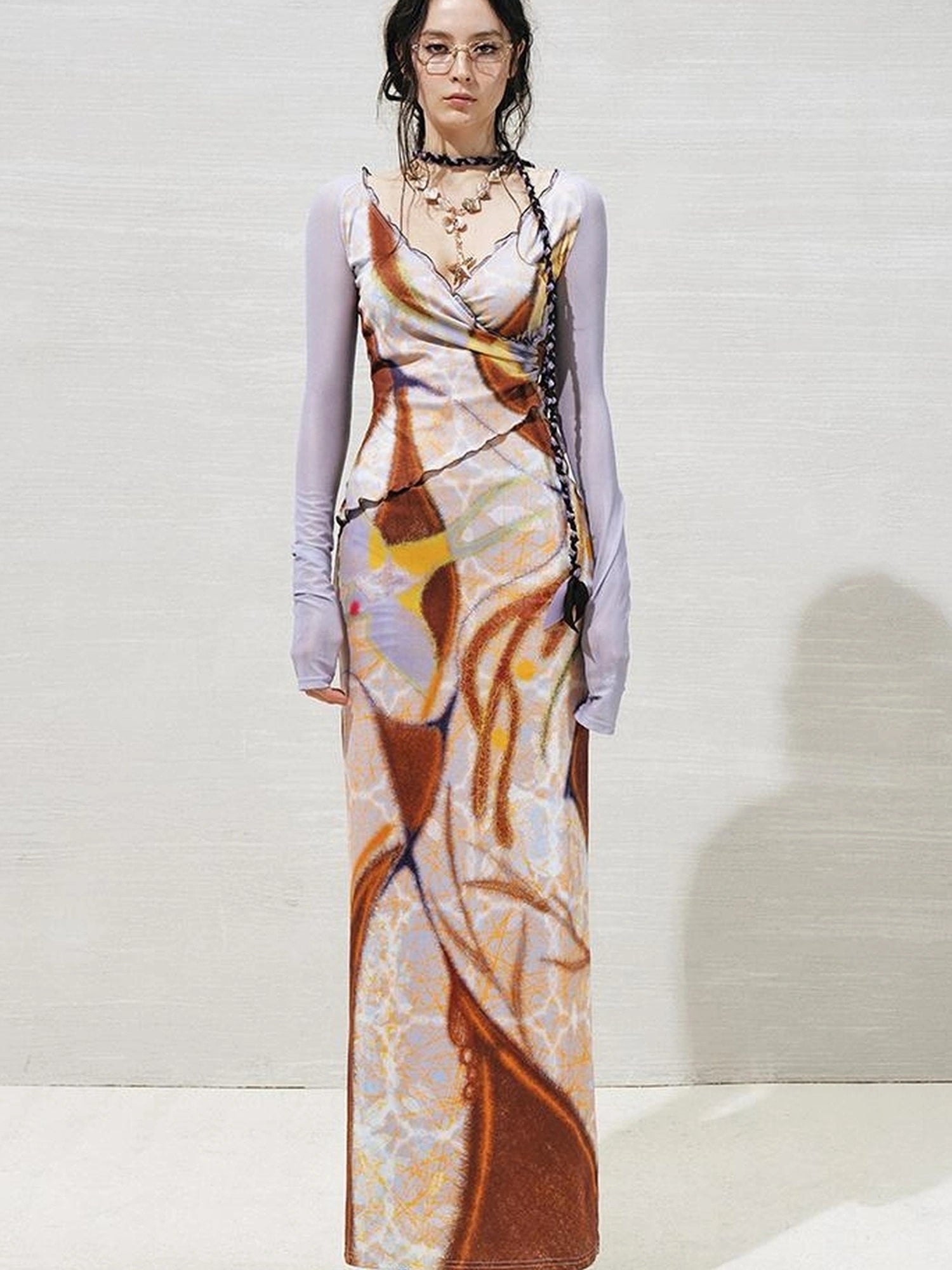 OfAkiva V-Neck Geometric Print Midi Dress