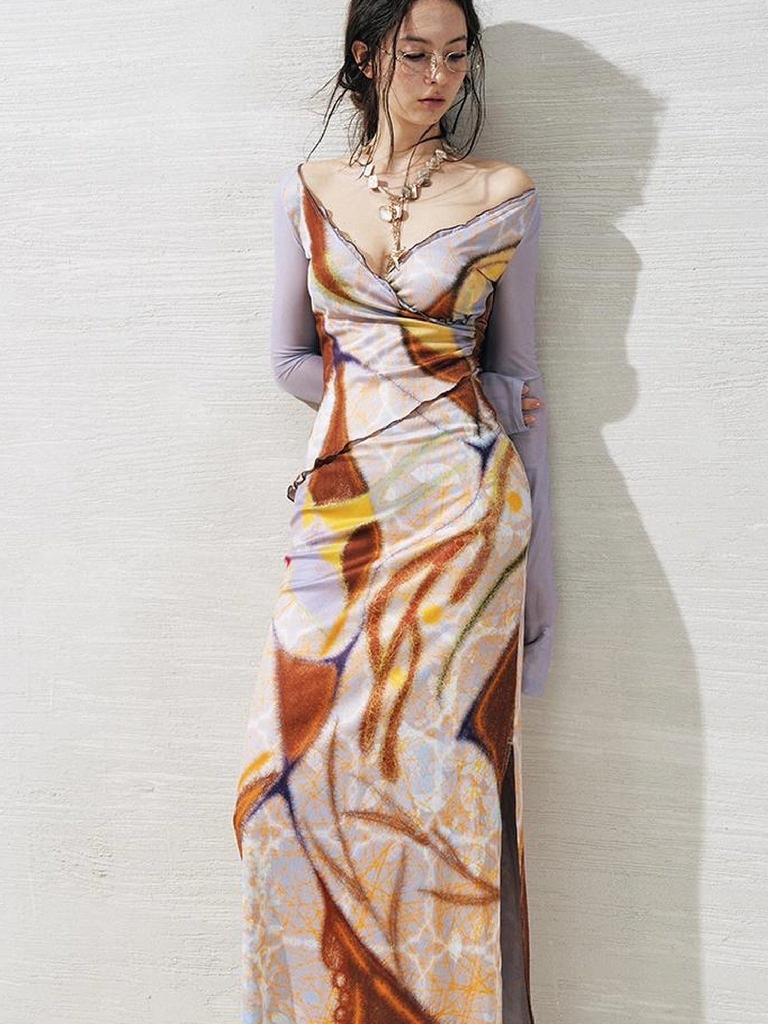 OfAkiva V-Neck Geometric Print Midi Dress