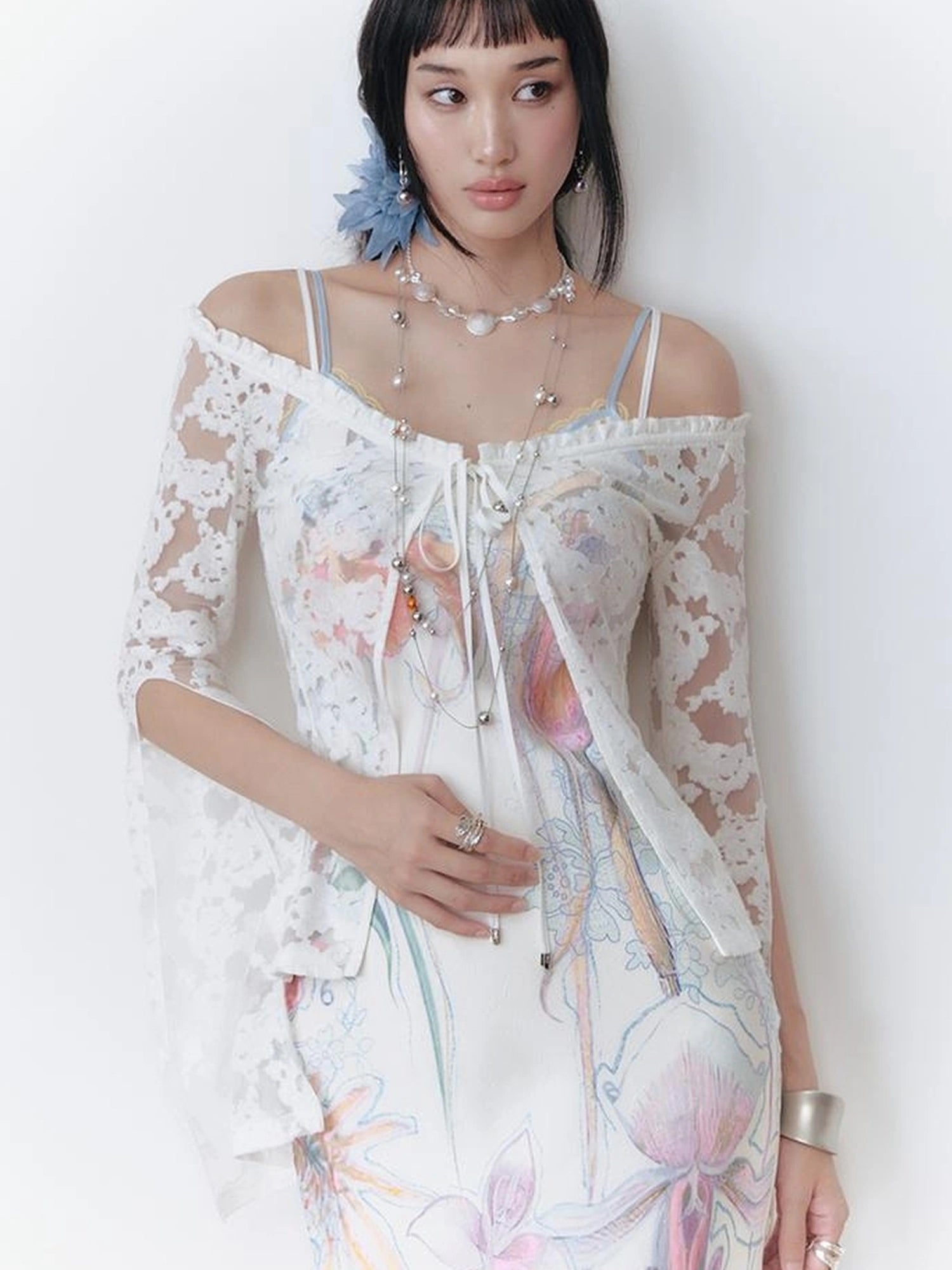 OfAkiva V-Neck Lace-Up Bell Sleeve Blouse