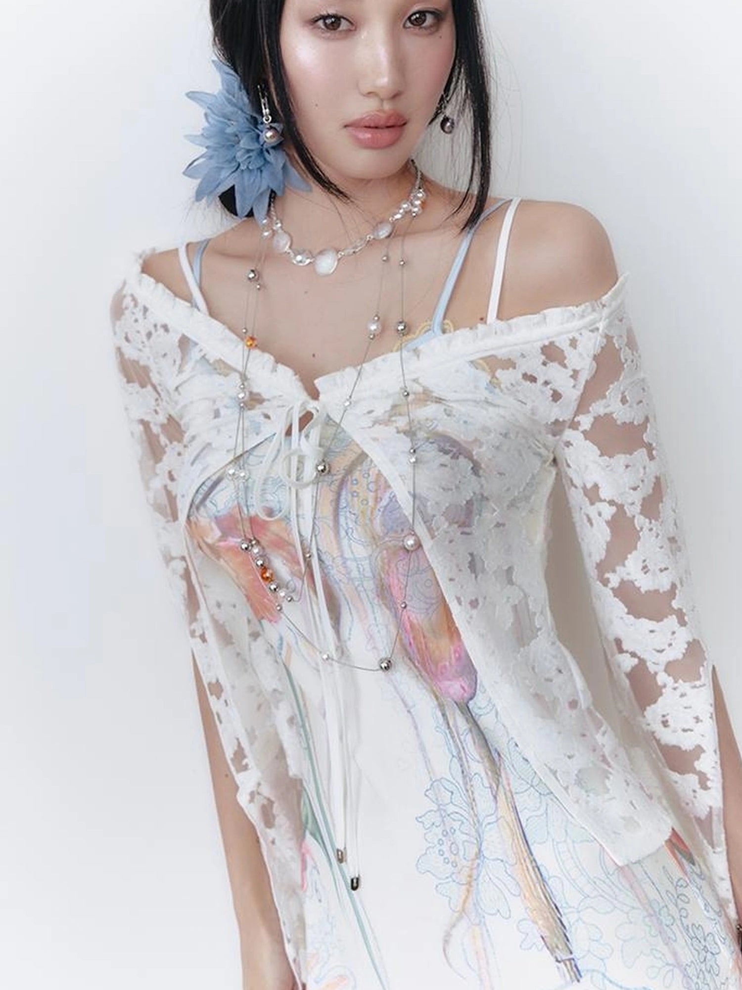 OfAkiva V-Neck Lace-Up Bell Sleeve Blouse