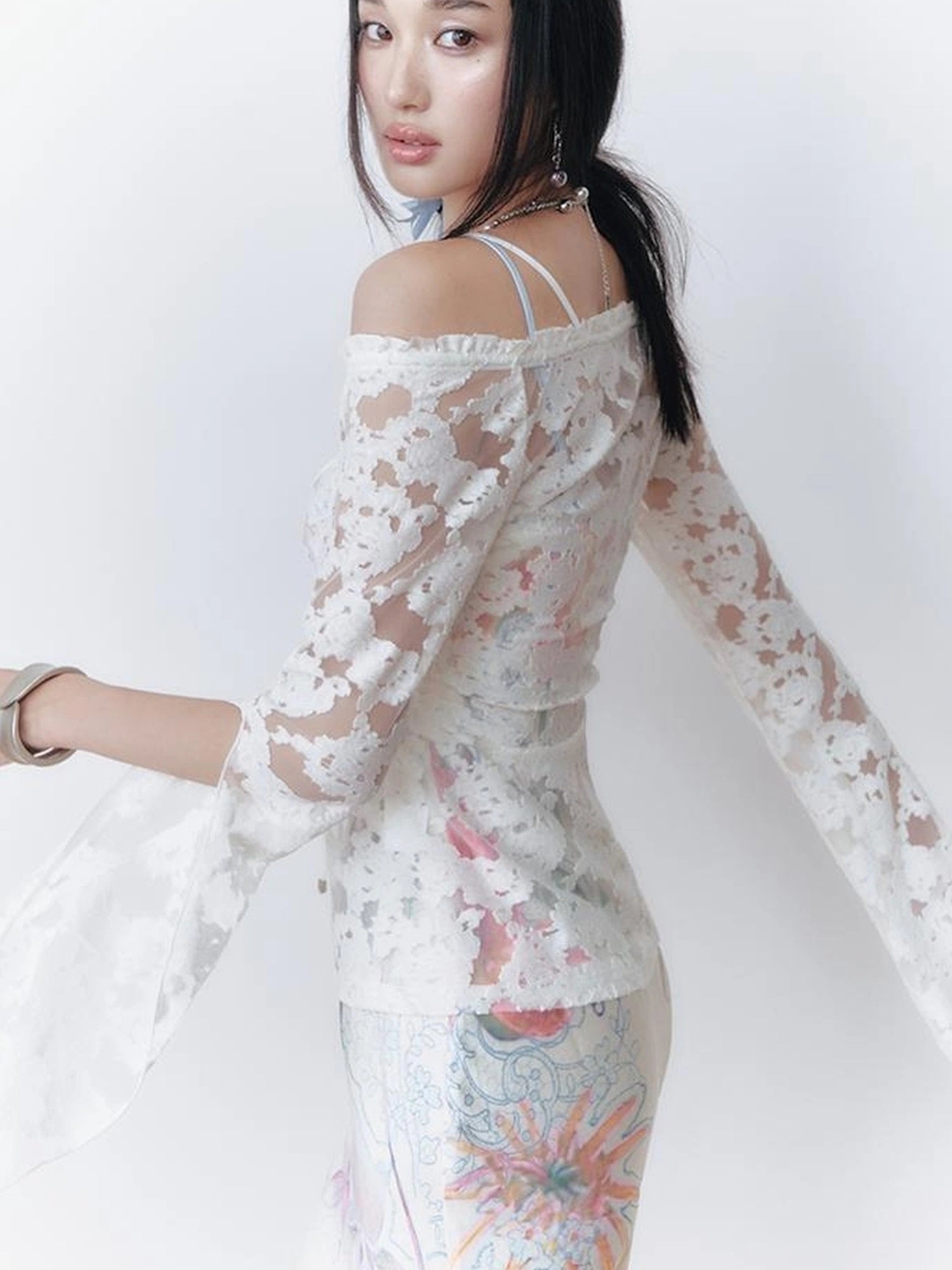 OfAkiva V-Neck Lace-Up Bell Sleeve Blouse