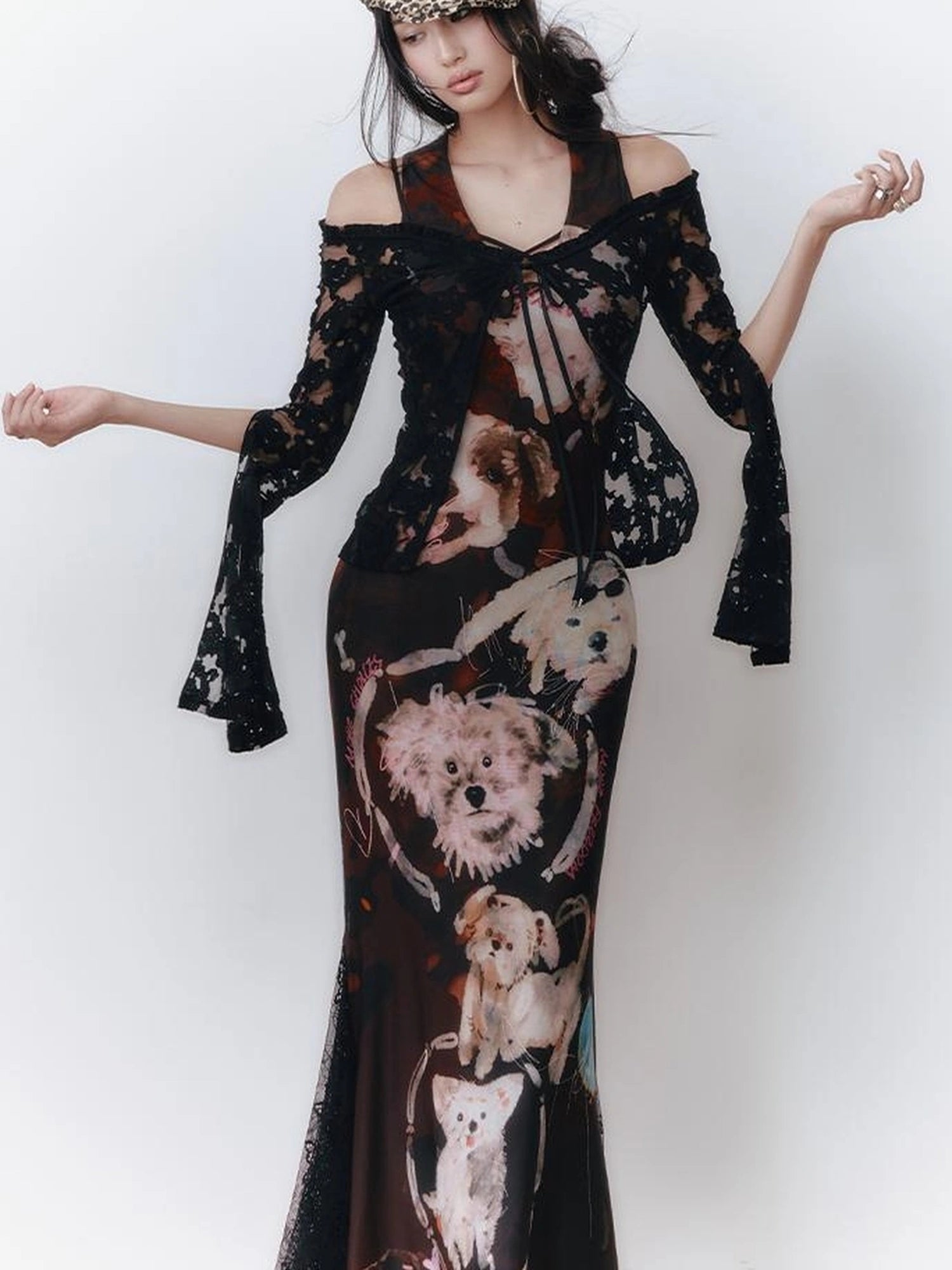 OfAkiva V-Neck Lace-Up Bell Sleeve Blouse