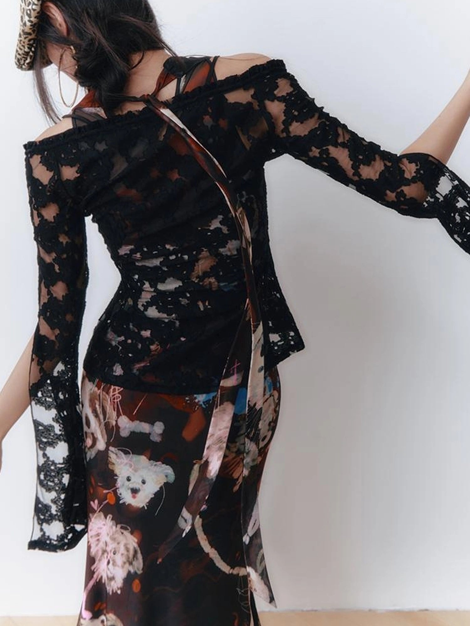 OfAkiva V-Neck Lace-Up Bell Sleeve Blouse