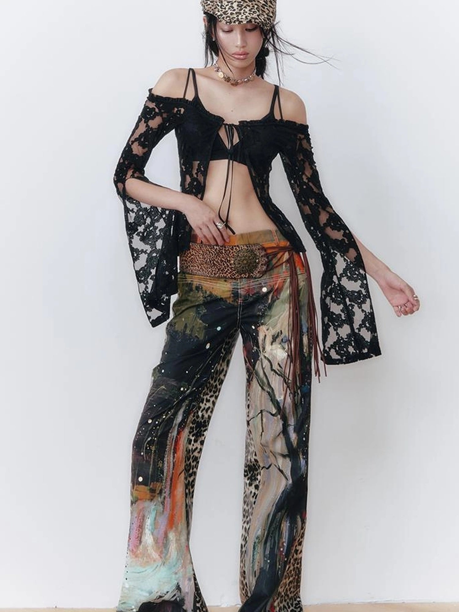 OfAkiva V-Neck Lace-Up Bell Sleeve Blouse