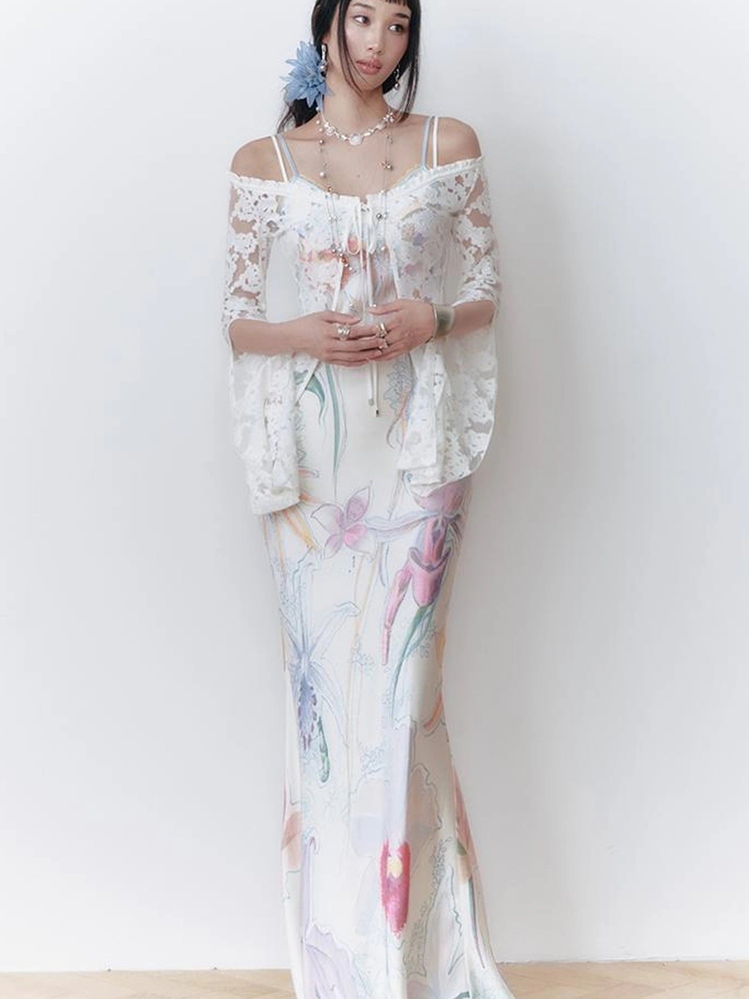 OfAkiva V-Neck Lace-Up Bell Sleeve Blouse