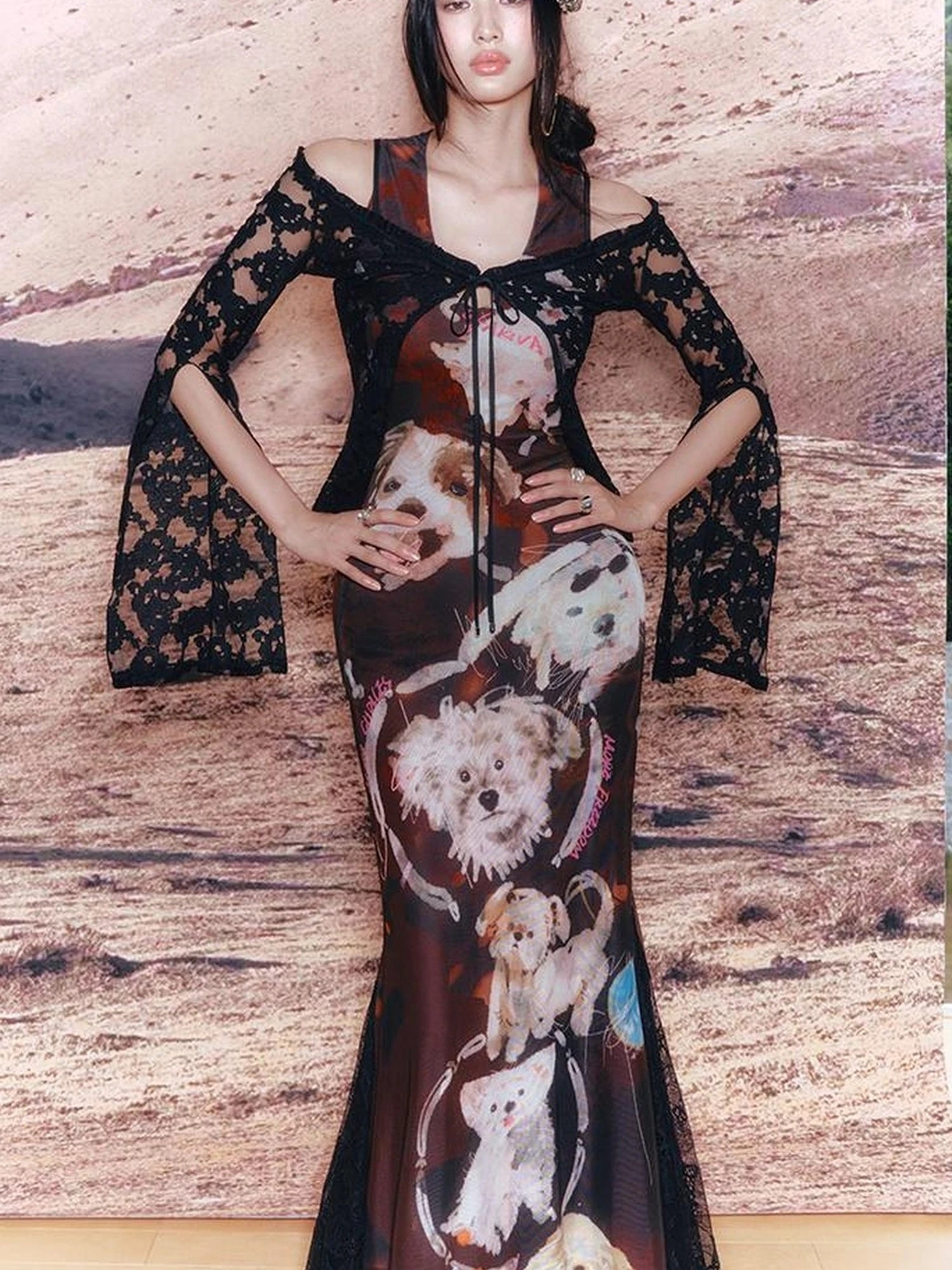 OfAkiva V-Neck Lace-Up Bell Sleeve Blouse