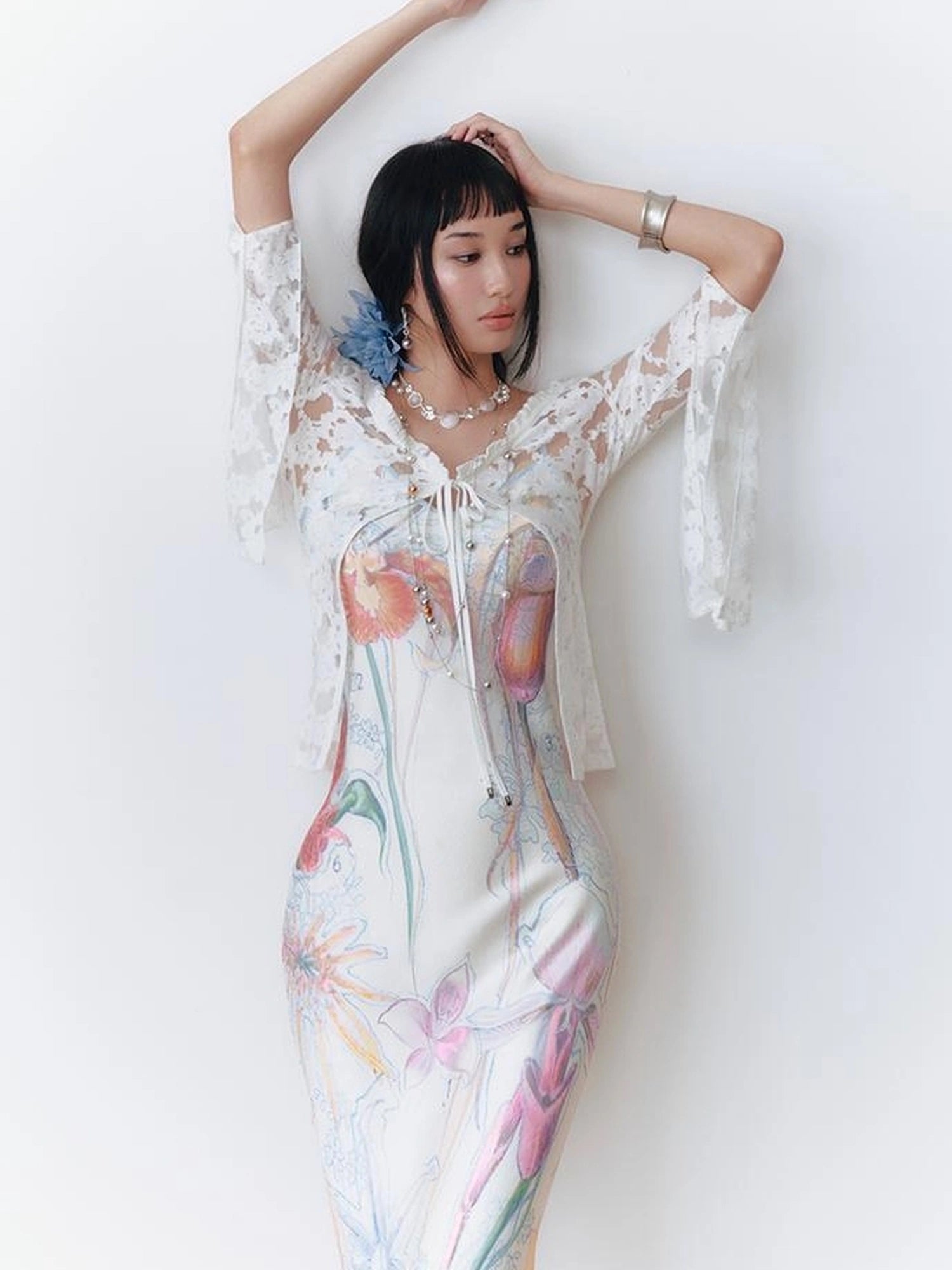 OfAkiva V-Neck Lace-Up Bell Sleeve Blouse