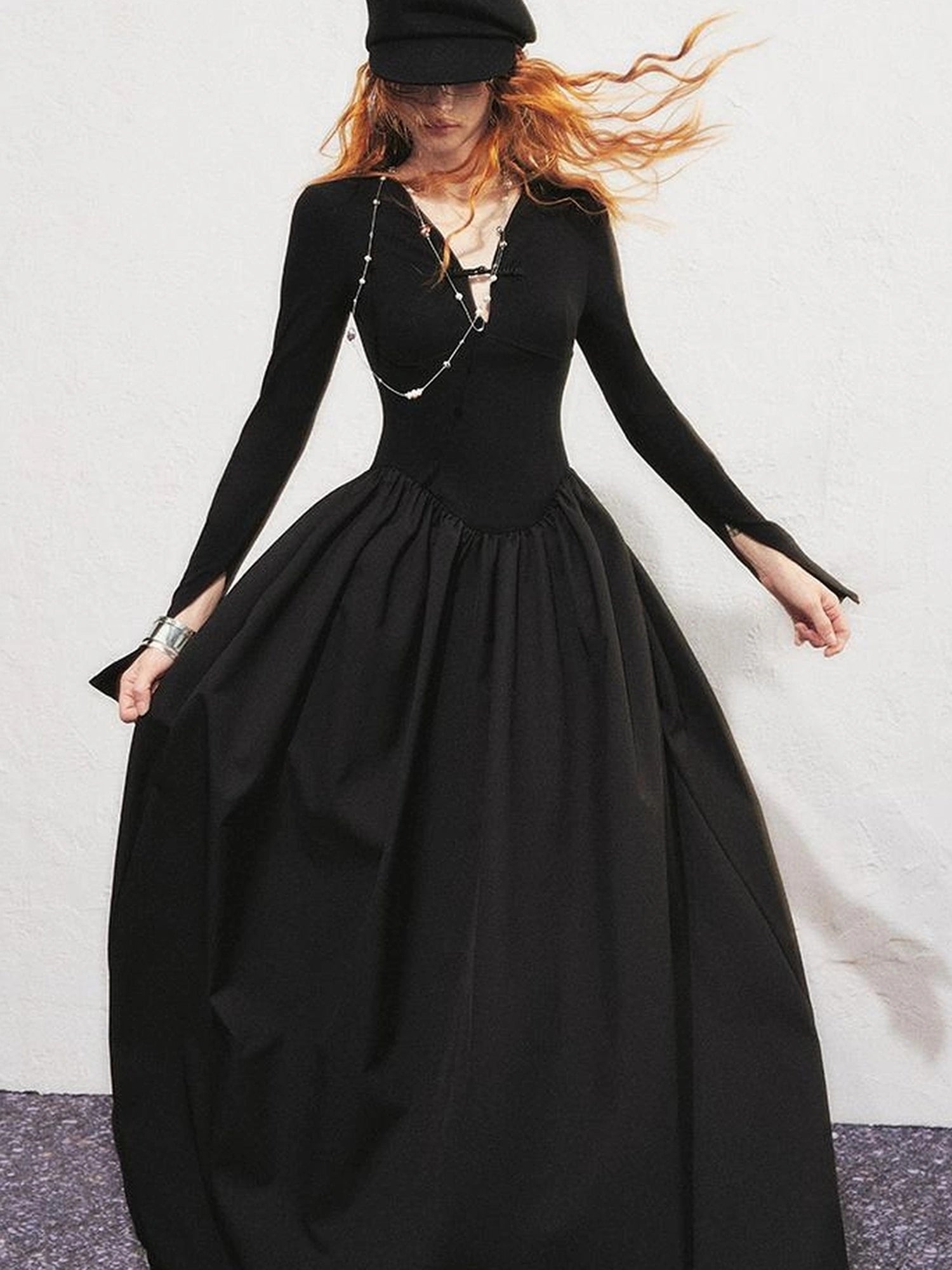 OfAkiva V-neck Button Detail Flared Maxi Dress