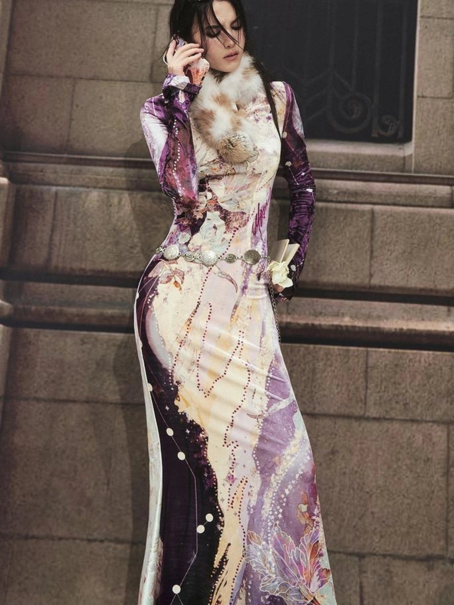 OfAkiva Velvet Floral V-Neck Mermaid Gown