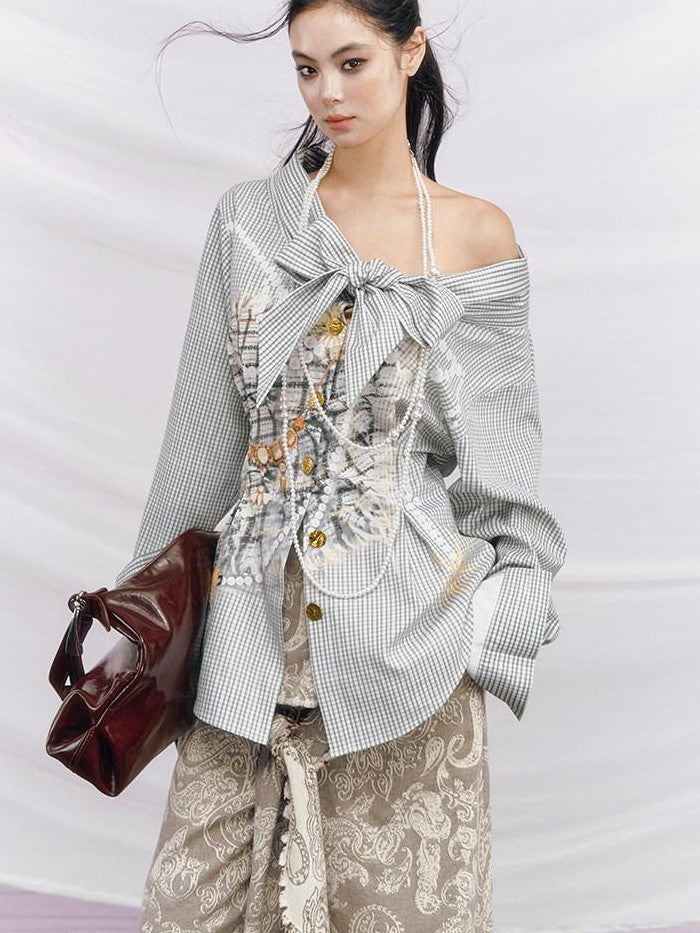 OfAkiva Vintage Coin Print Plaid Waist Cinch Detachable Women&
