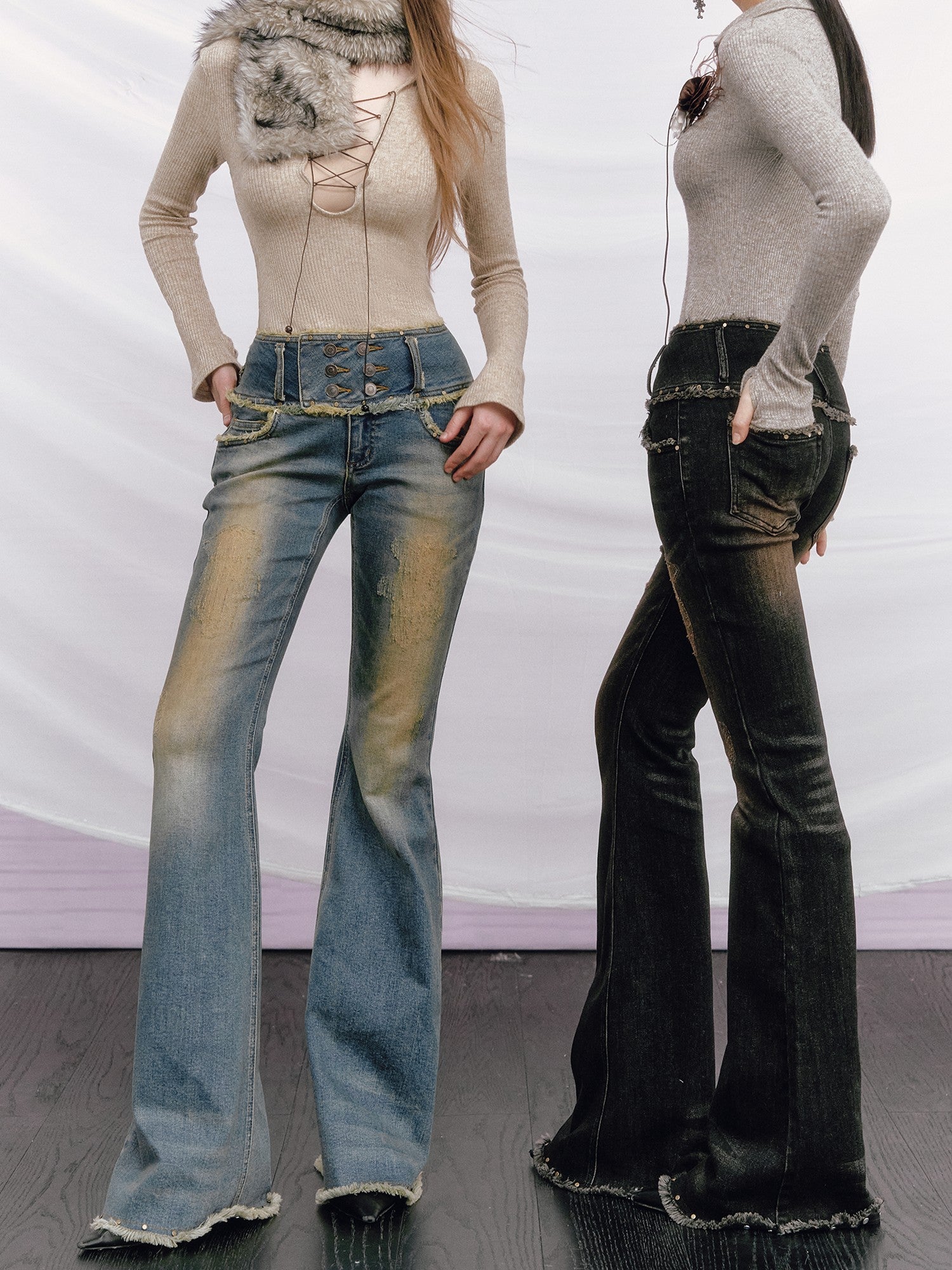 OfAkiva Vintage Distressed Studded Double Button High Waist Women&