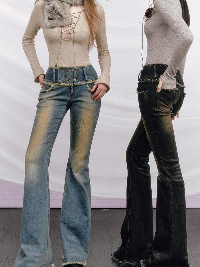 OfAkiva Vintage Distressed Studded Double Button High Waist Women&