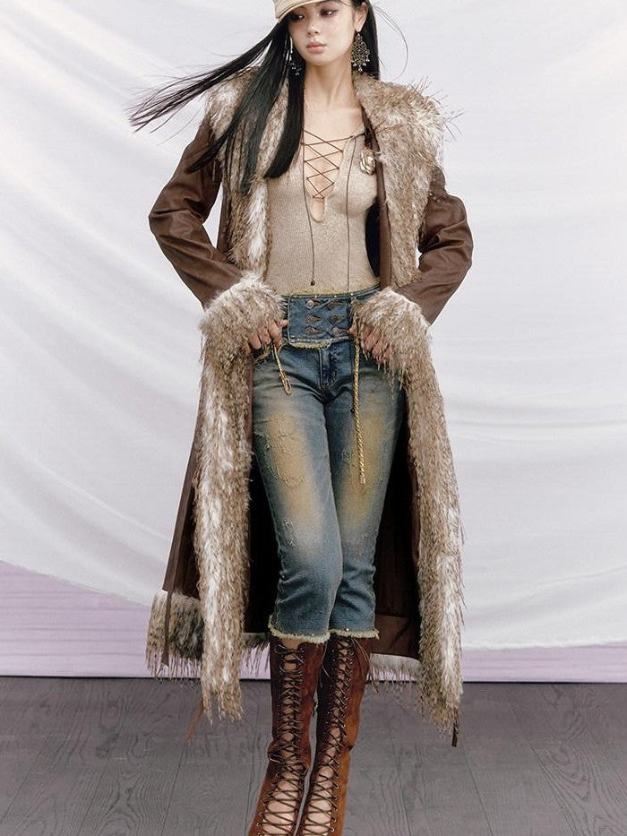 OfAkiva Vintage Distressed Studded Double Button High Waist Women&
