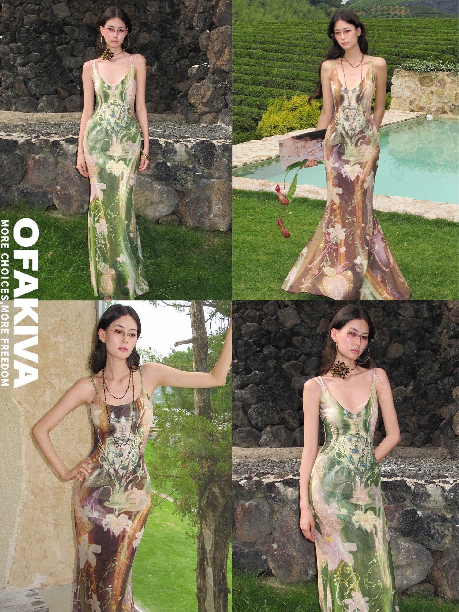 OfAkiva Vintage Floral Ombre Lace V-neck Mermaid Women&