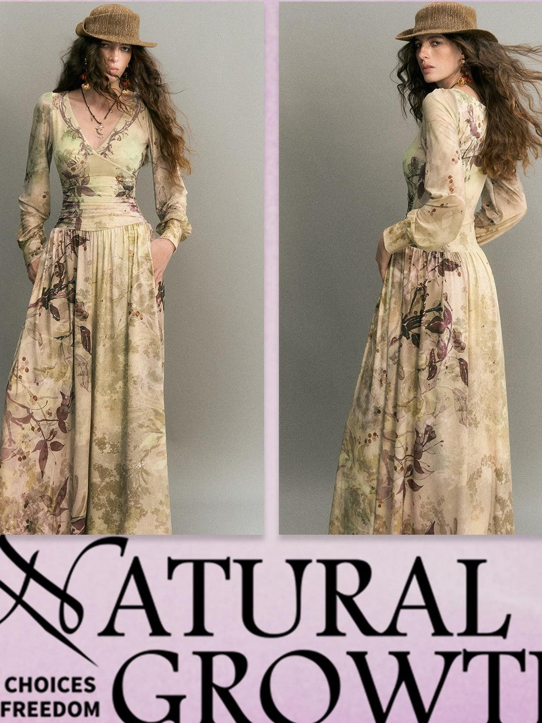 OfAkiva Vintage Floral Print Ruched Waist Long Sleeve V-neck Women&
