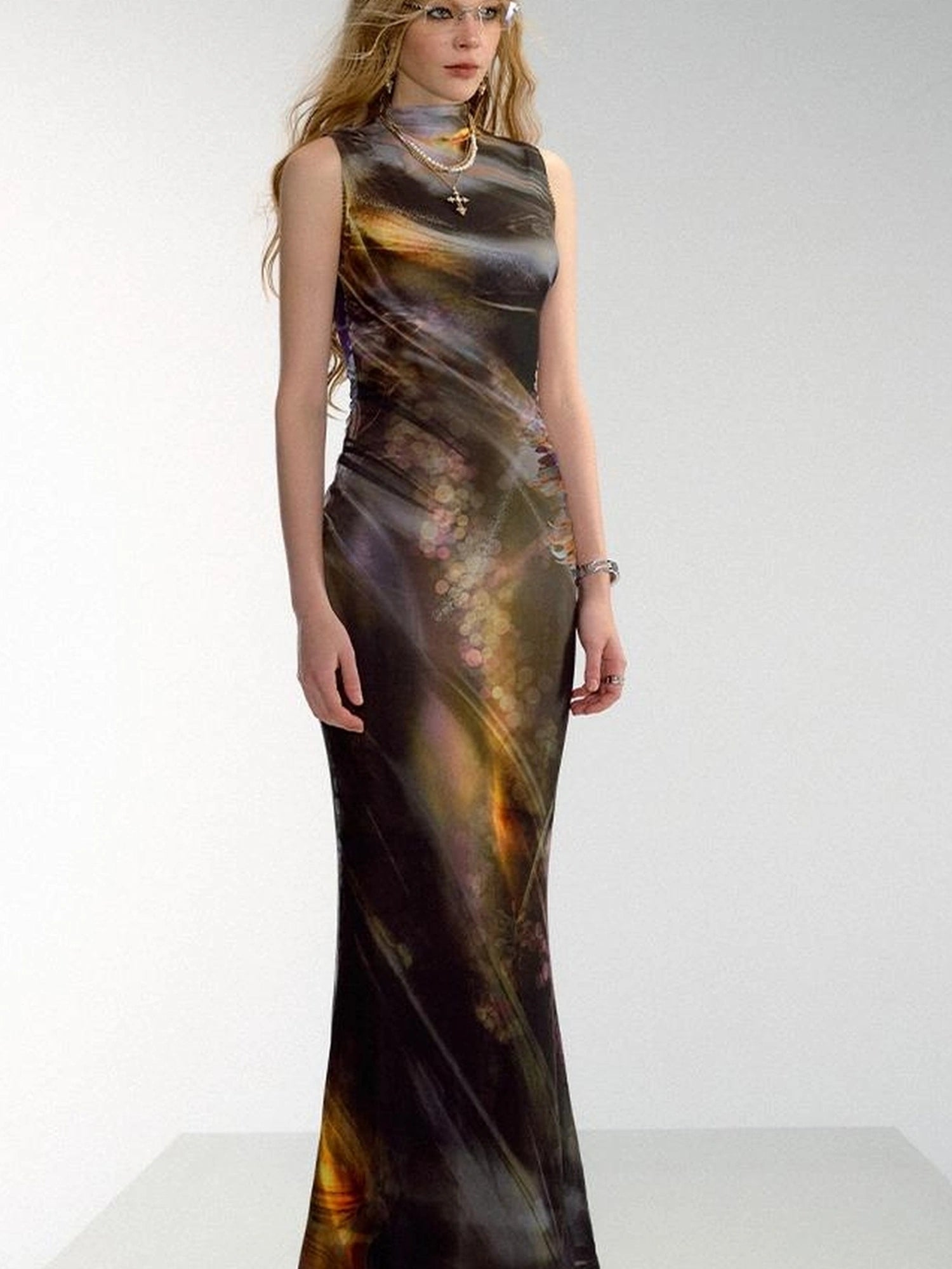 OfAkiva Vintage Glow Floral Cheongsam Dress With Sheer Mesh