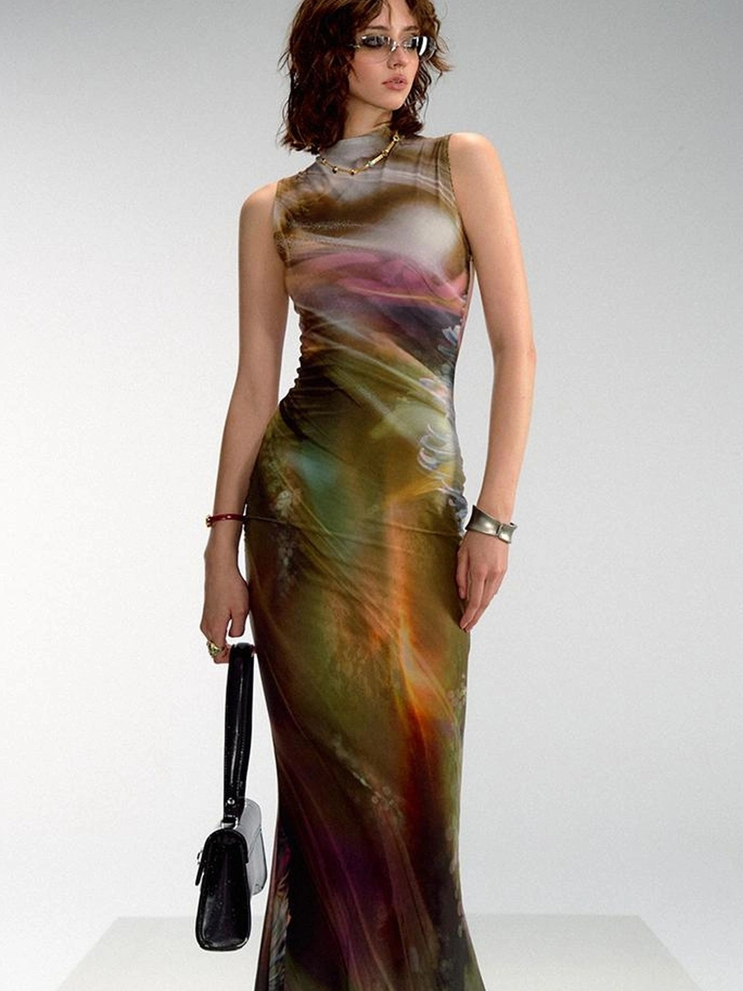 OfAkiva Vintage Glow Floral Cheongsam Dress With Sheer Mesh