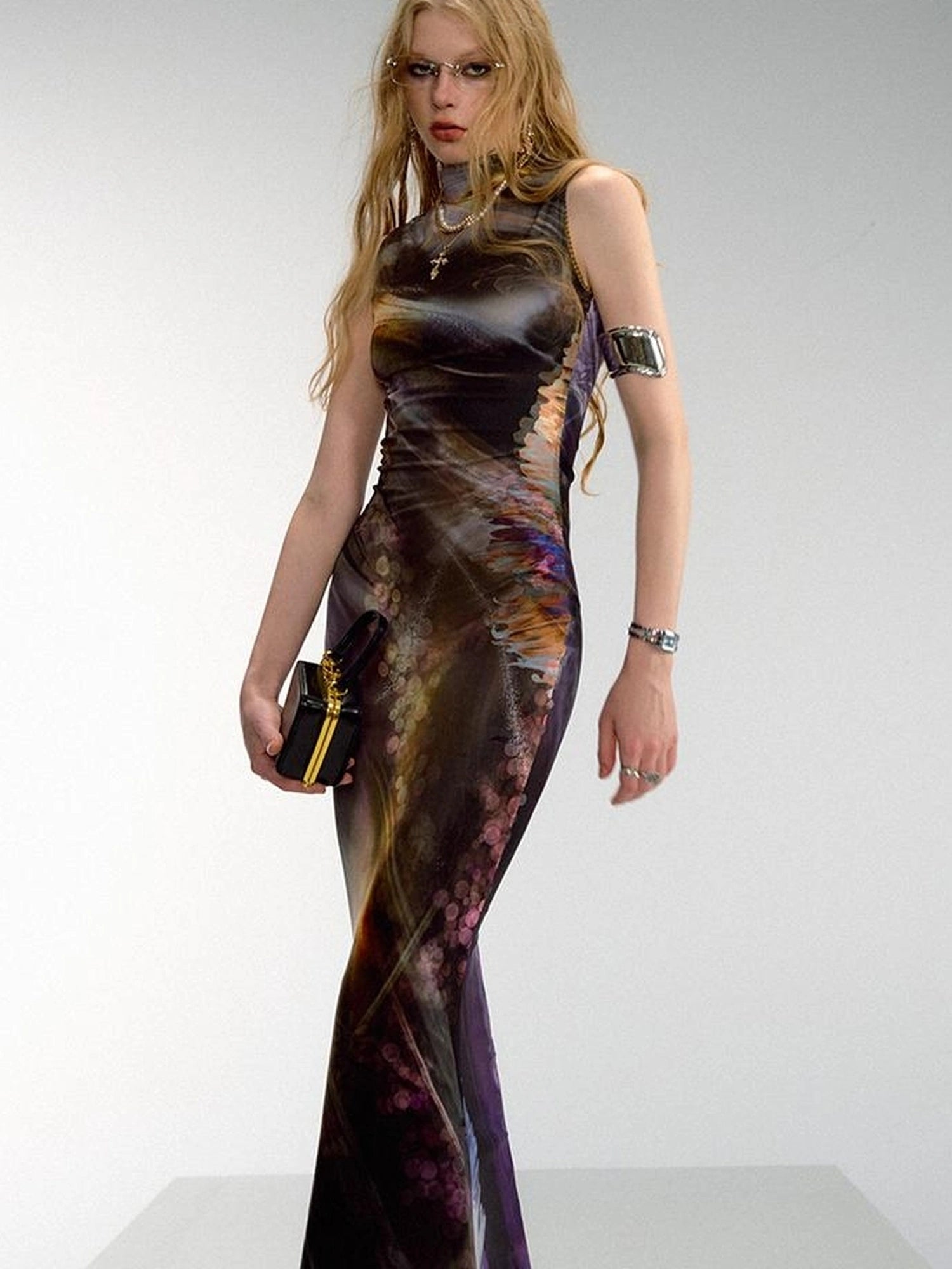 OfAkiva Vintage Glow Floral Cheongsam Dress With Sheer Mesh