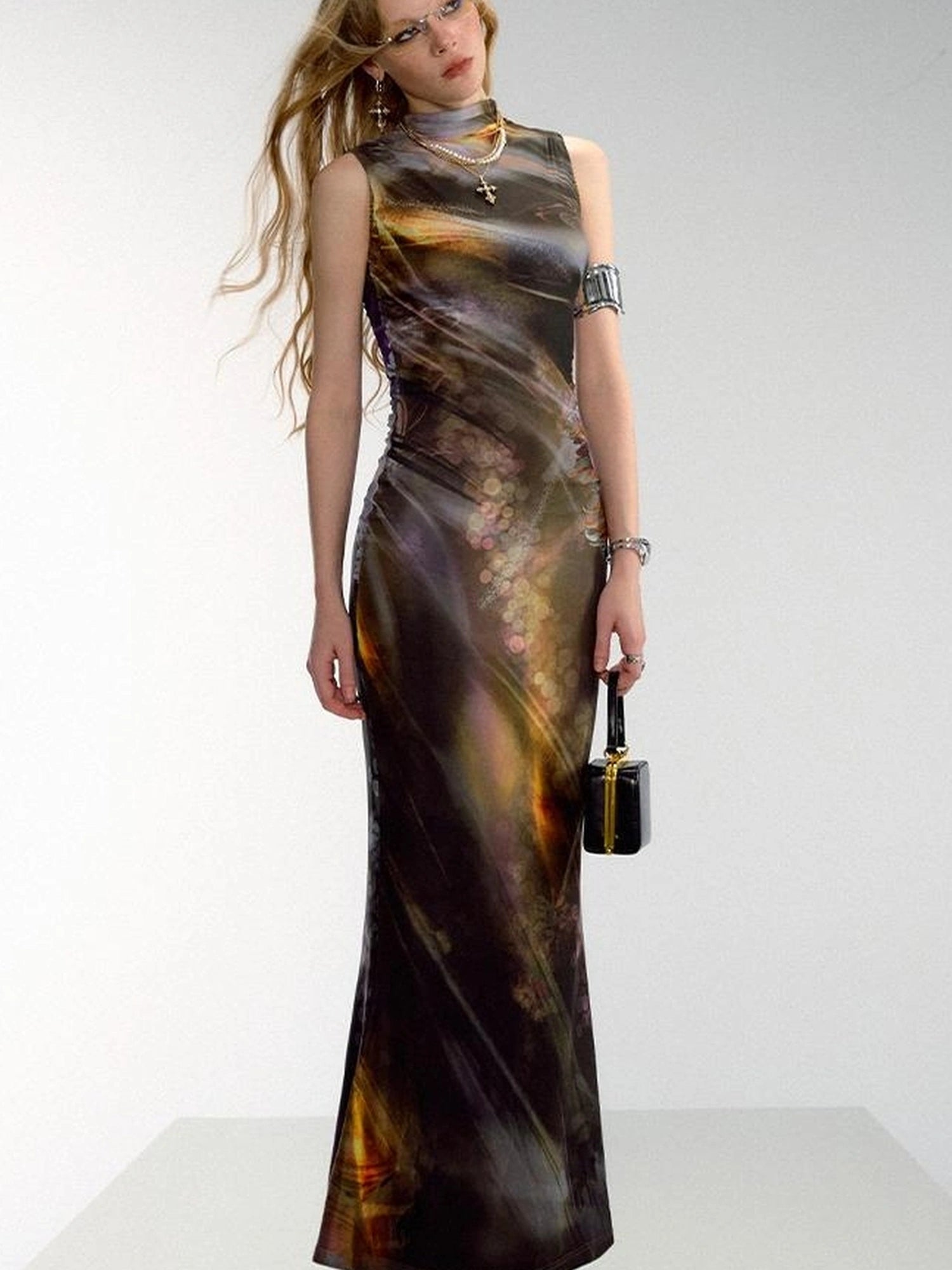 OfAkiva Vintage Glow Floral Cheongsam Dress With Sheer Mesh