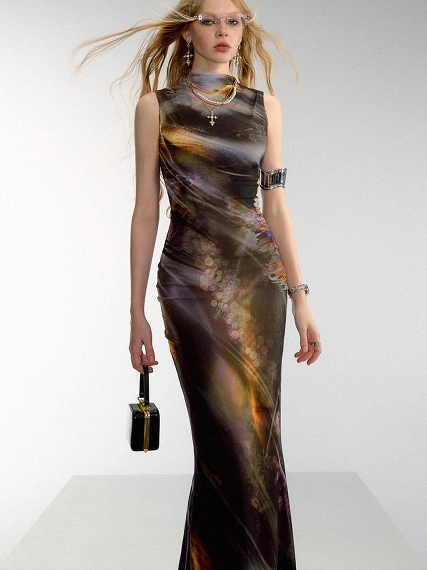 OfAkiva Vintage Glow Floral Cheongsam Dress With Sheer Mesh