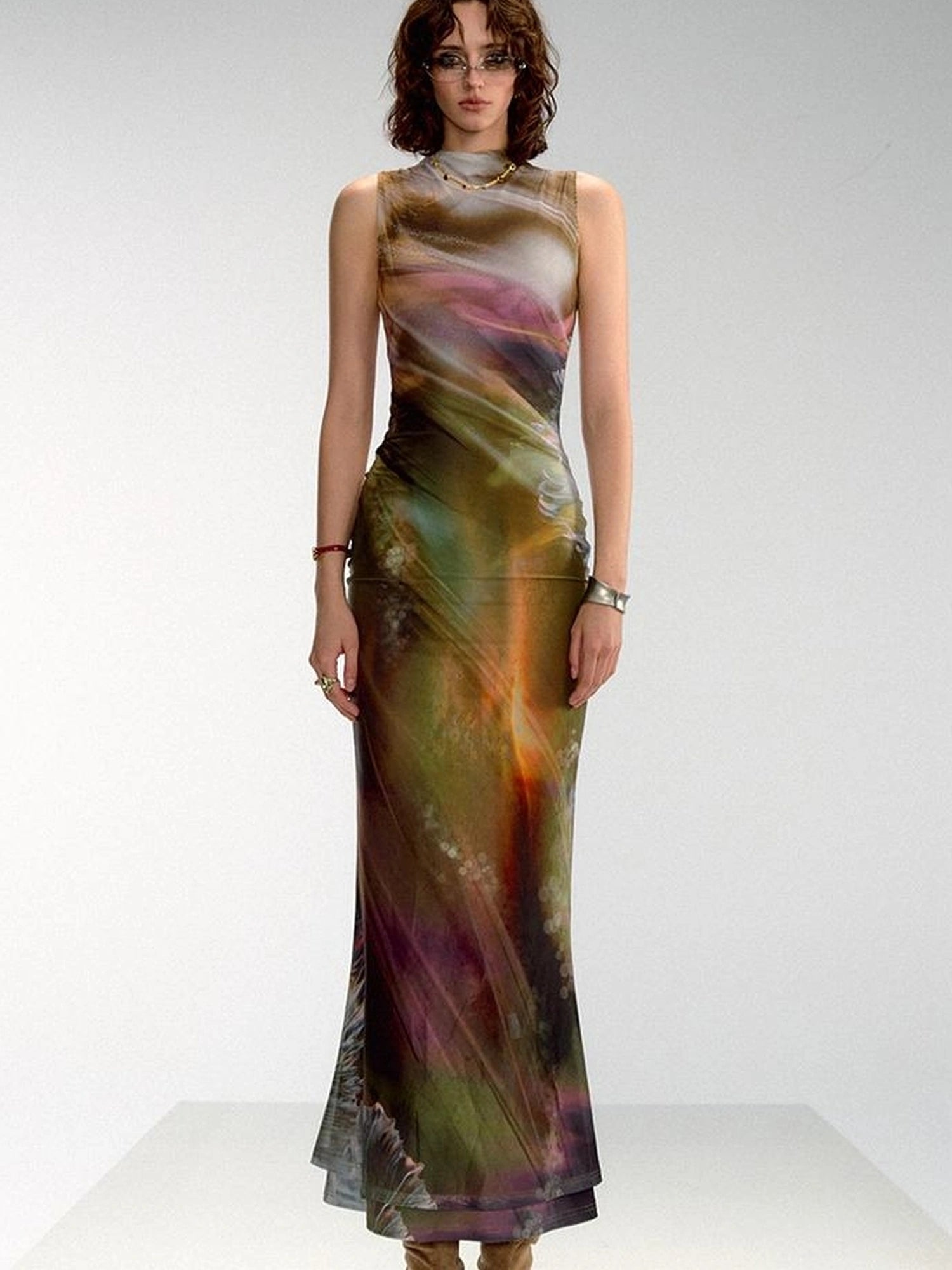 OfAkiva Vintage Glow Floral Cheongsam Dress With Sheer Mesh