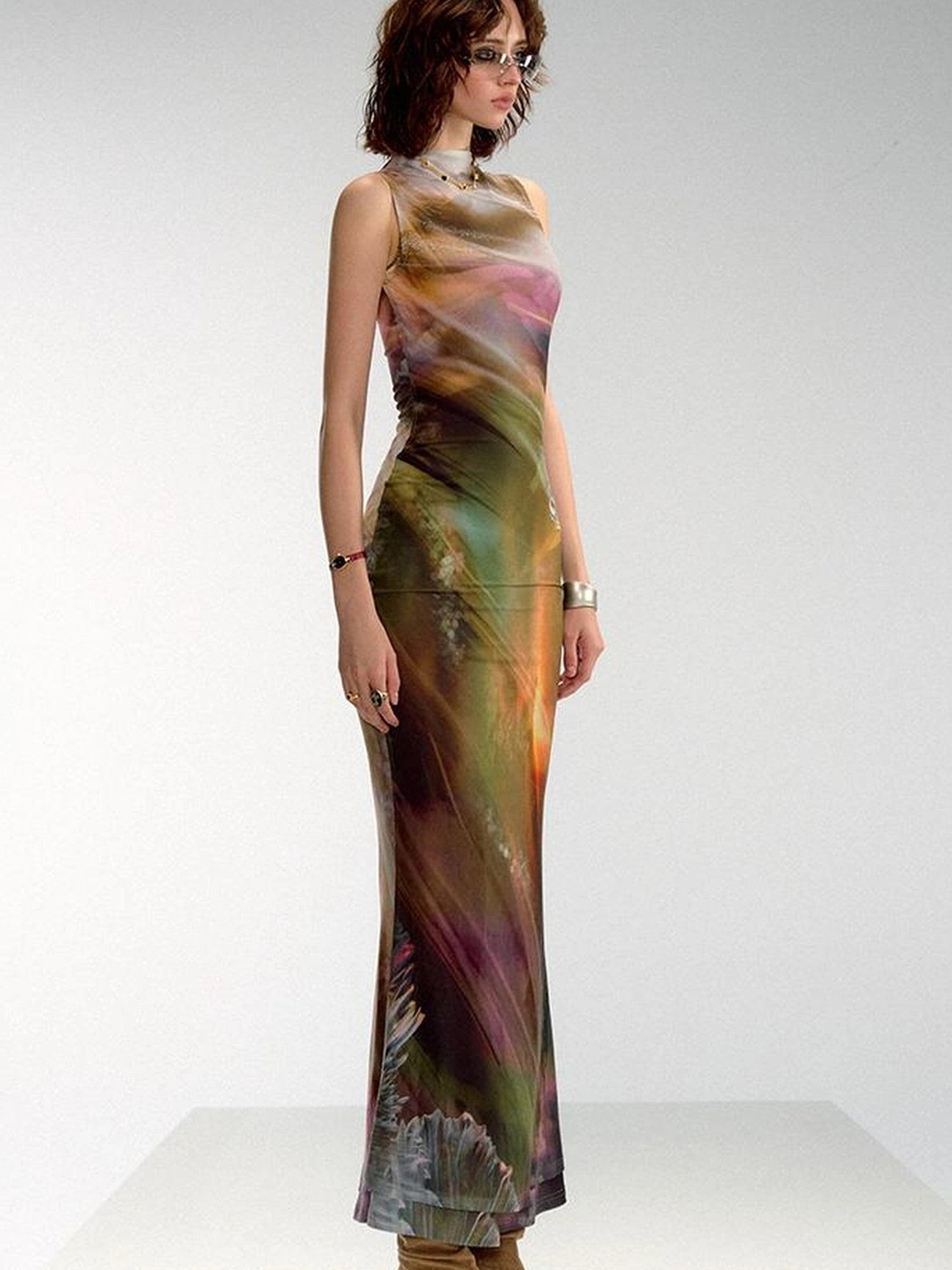 OfAkiva Vintage Glow Floral Cheongsam Dress With Sheer Mesh