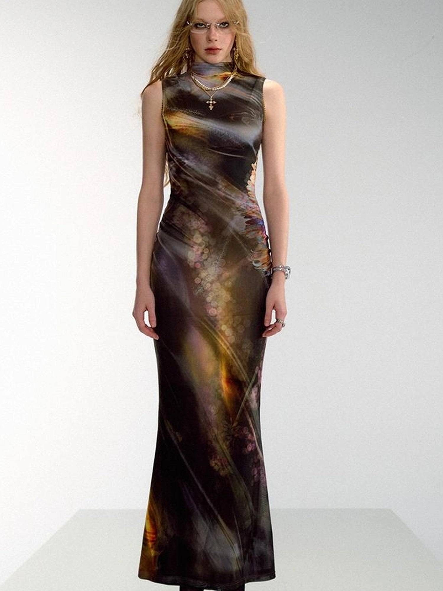 OfAkiva Vintage Glow Floral Cheongsam Dress With Sheer Mesh