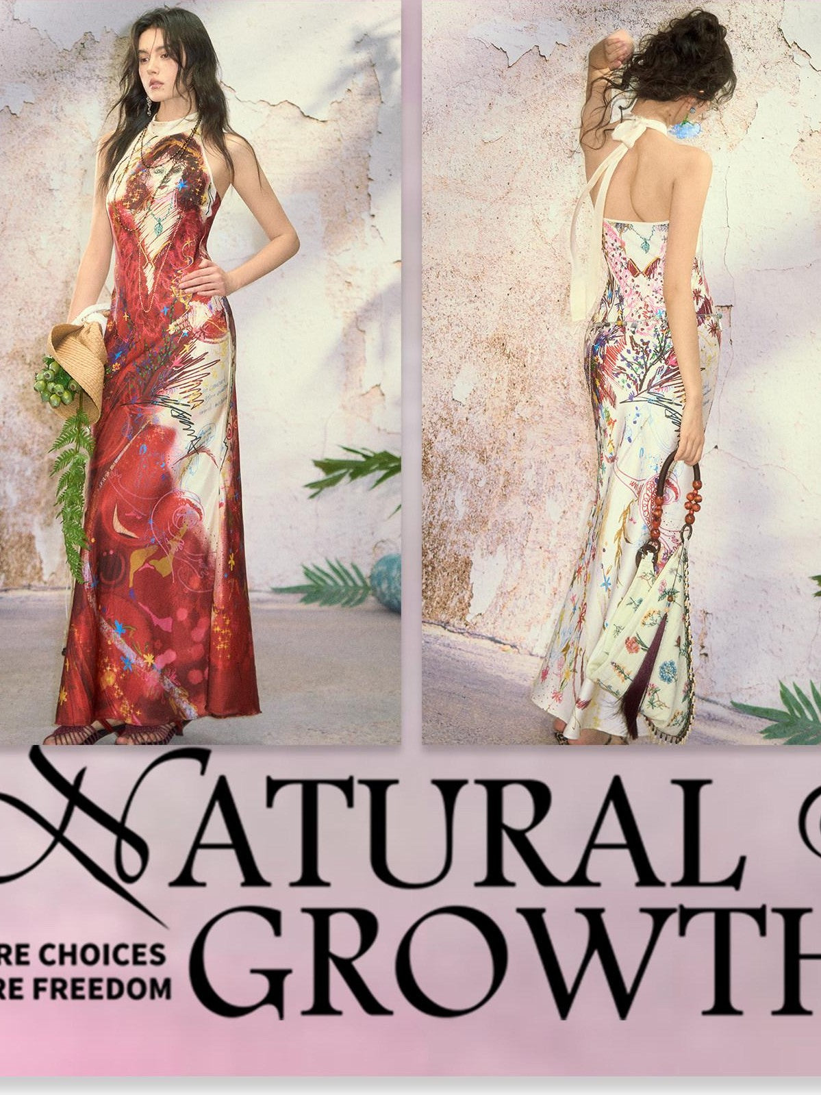 OfAkiva Vintage Hand Drawn Print Halter Tie Back Open Back Women&