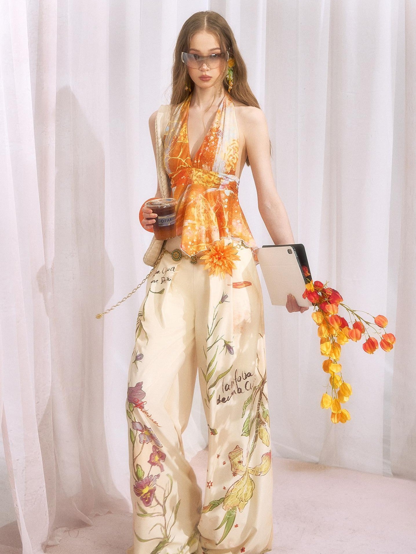 OfAkiva Vintage Hand Painted Botanical Floral High Waist Print Women&