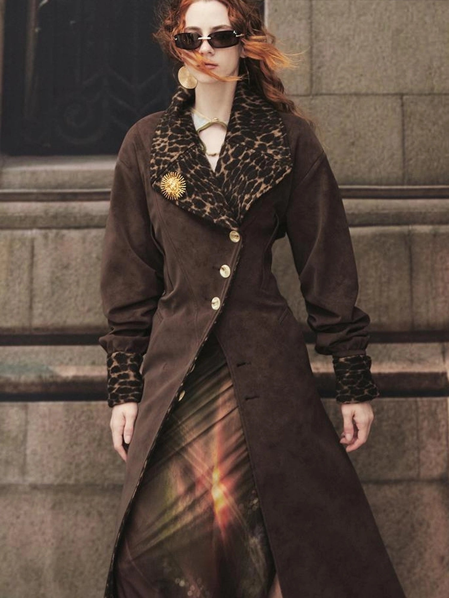 OfAkiva Vintage Inspired Leopard Print Suede Trench Coat