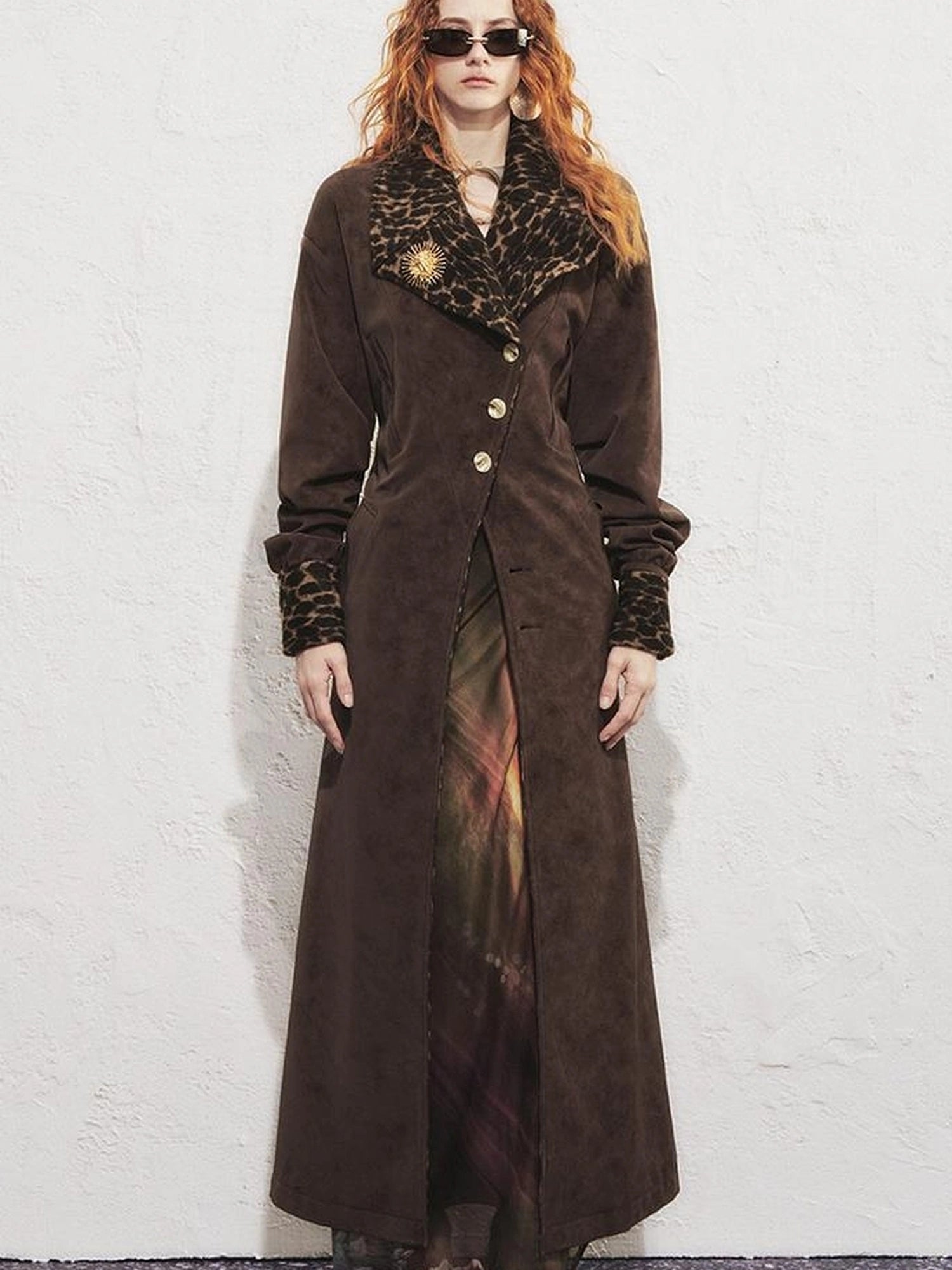 OfAkiva Vintage Inspired Leopard Print Suede Trench Coat