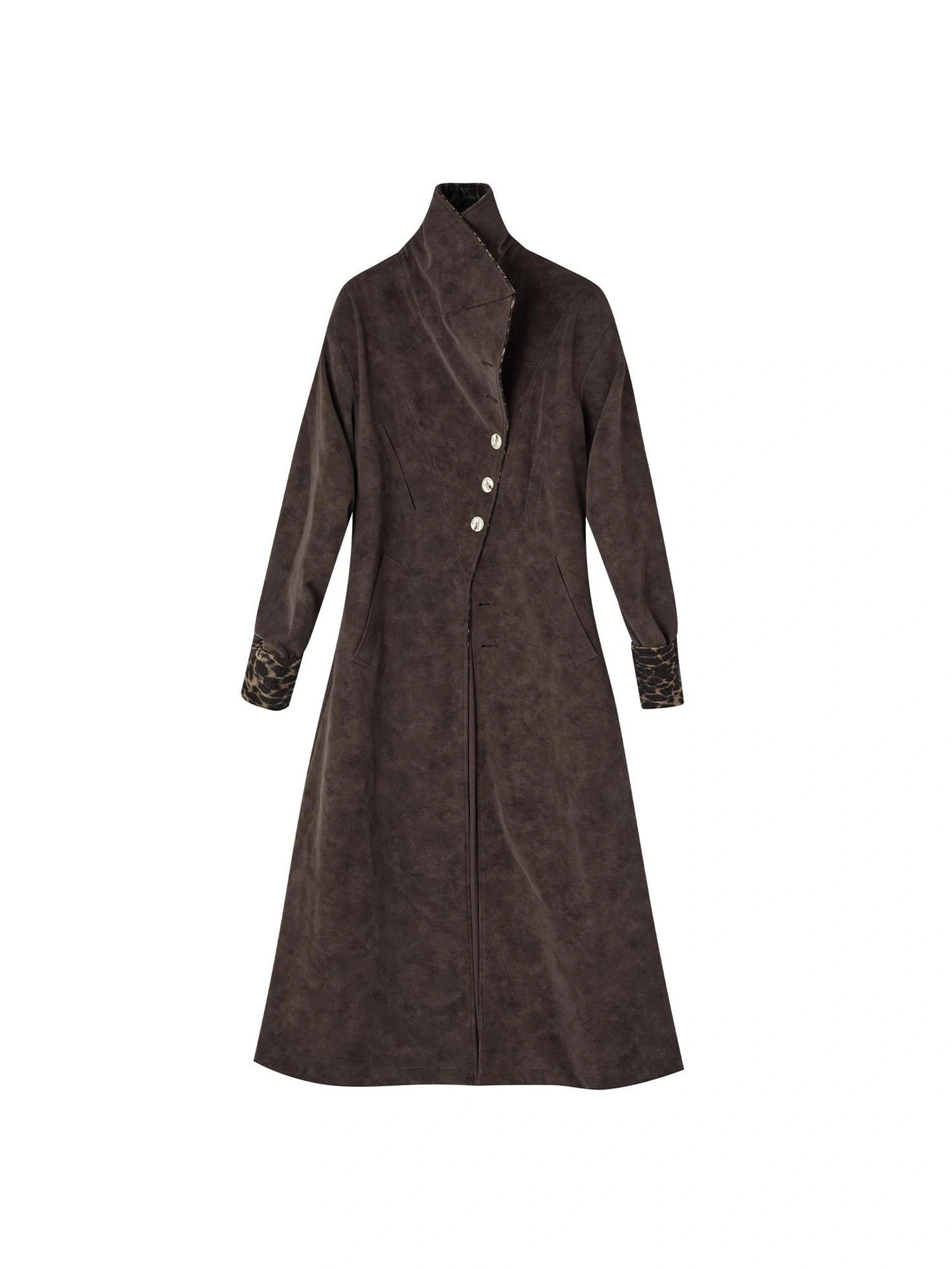 OfAkiva Vintage Inspired Leopard Print Suede Trench Coat