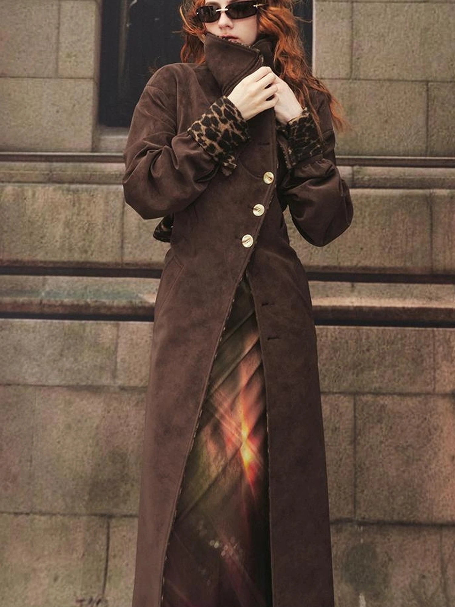 OfAkiva Vintage Inspired Leopard Print Suede Trench Coat