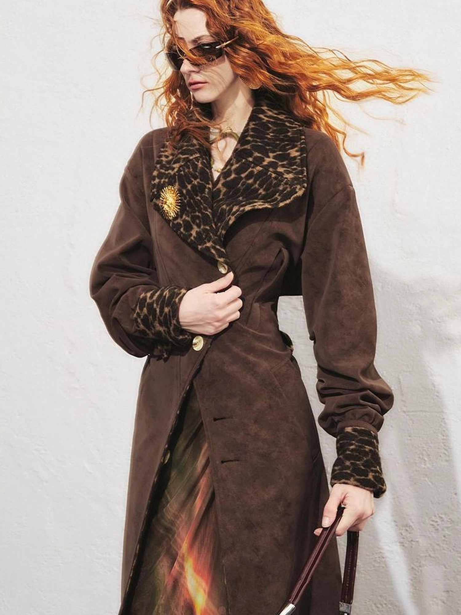 OfAkiva Vintage Inspired Leopard Print Suede Trench Coat