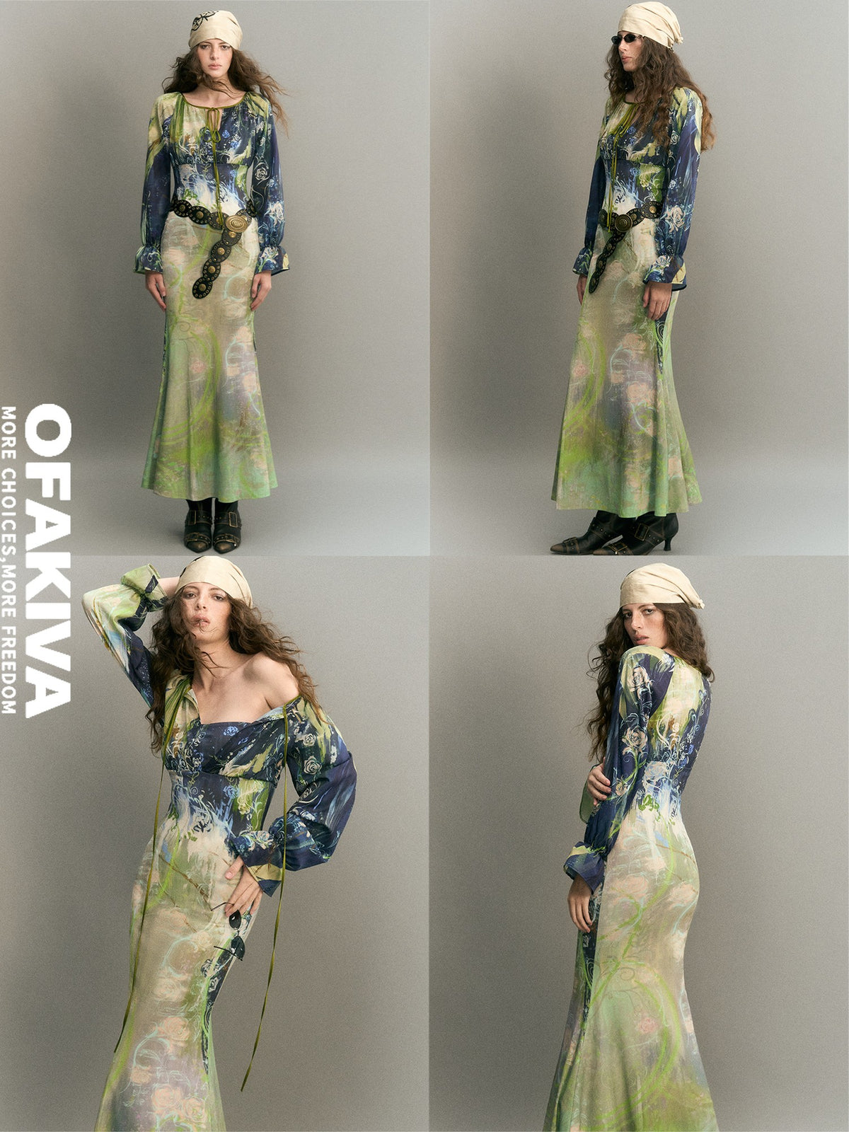 OfAkiva Vintage Oil Painting Print Lantern Sleeve Women&