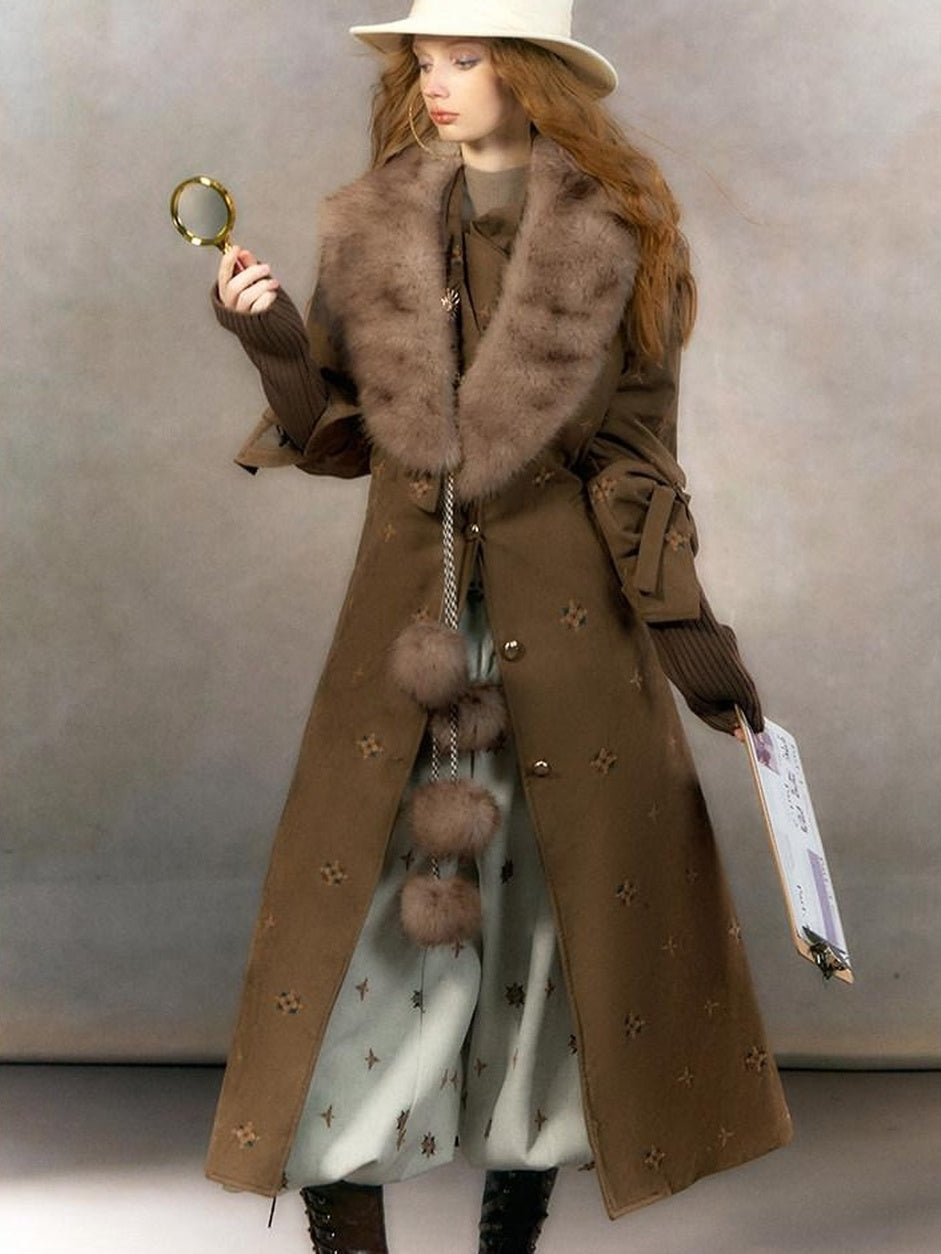 OfAkiva Warm Thick Hooded Fur Collar Vintage Straight Women Brown Single Breasted Coat