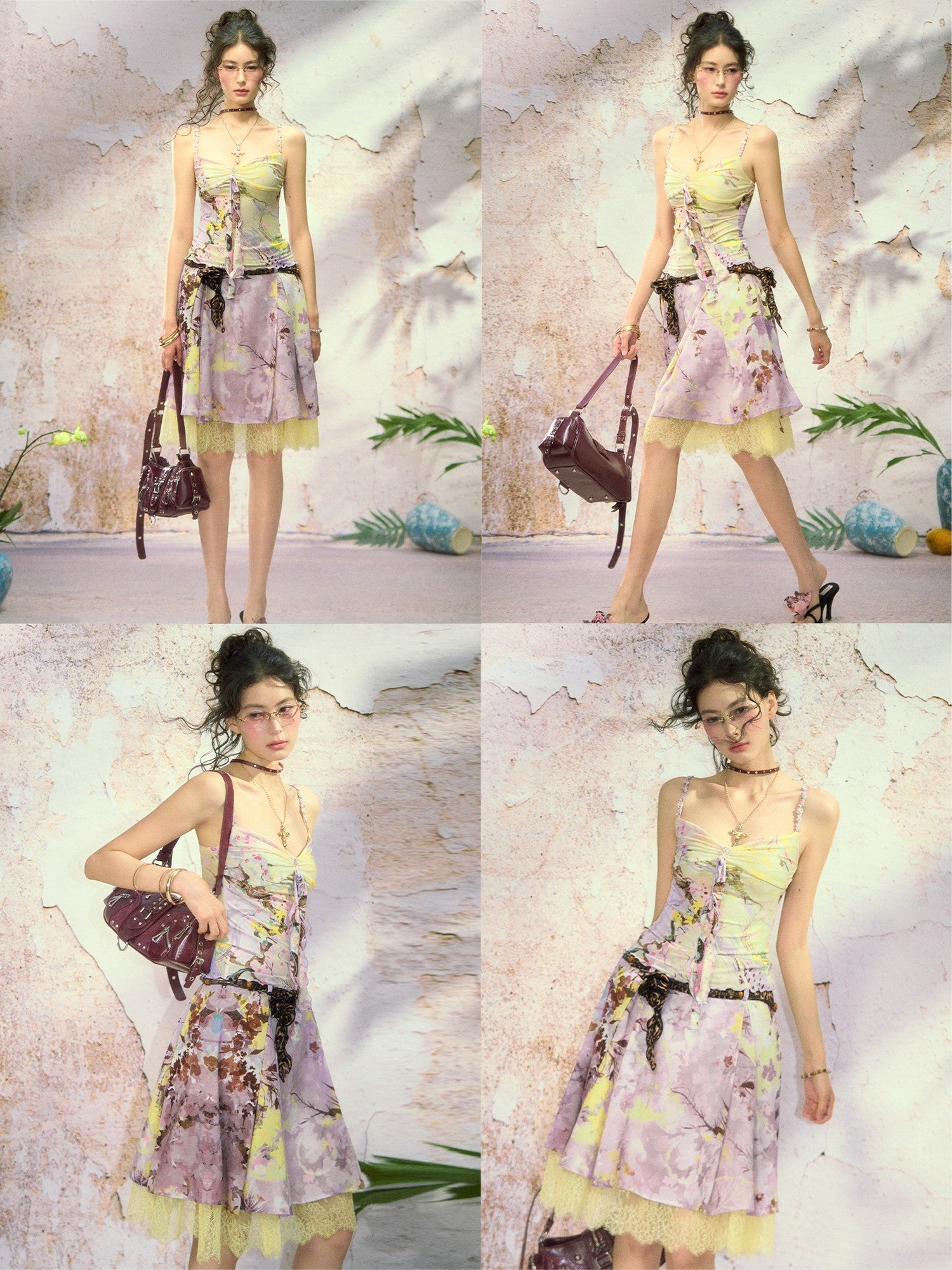 OfAkiva Wisteria Print Chinese Style Camisole Midi Skirt Set Women&