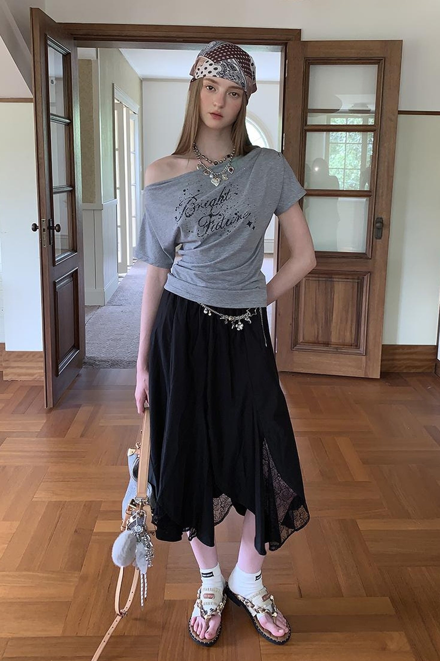 DIDDI MODA Off Shoulder Letter Graphic Rhinestone Pleated Tee