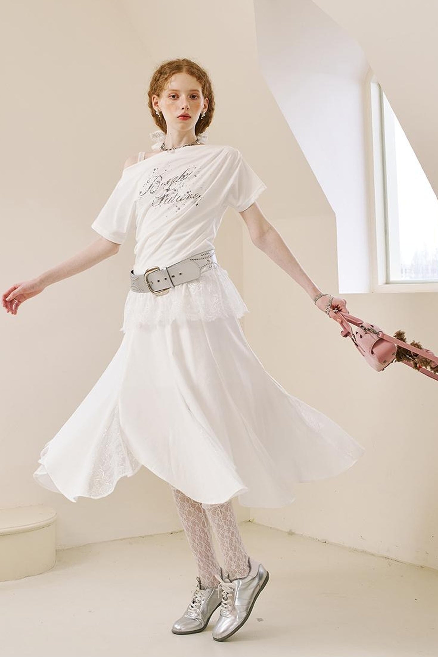 DIDDI MODA Off Shoulder Letter Graphic Rhinestone Pleated Tee