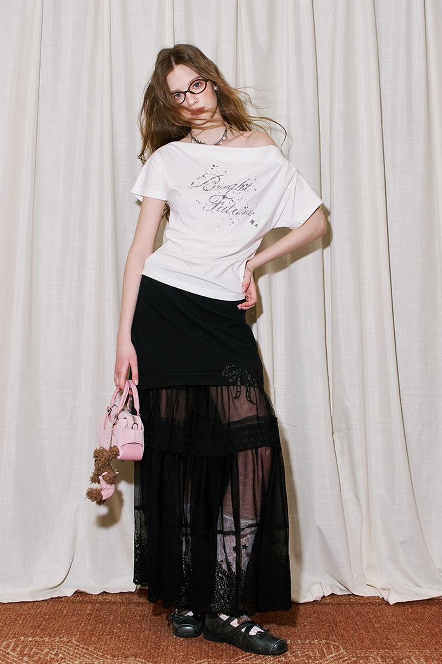 DIDDI MODA Off Shoulder Letter Graphic Rhinestone Pleated Tee