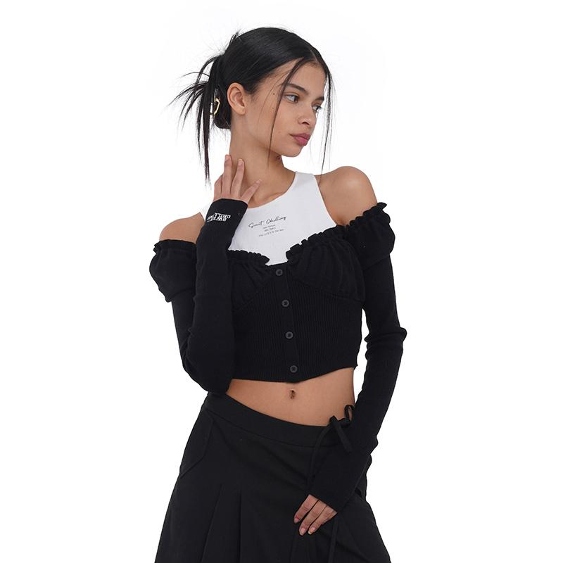 SweetChilling Off Shoulder Puff Sleeve Knit Top & Vest Set Women Sweaters