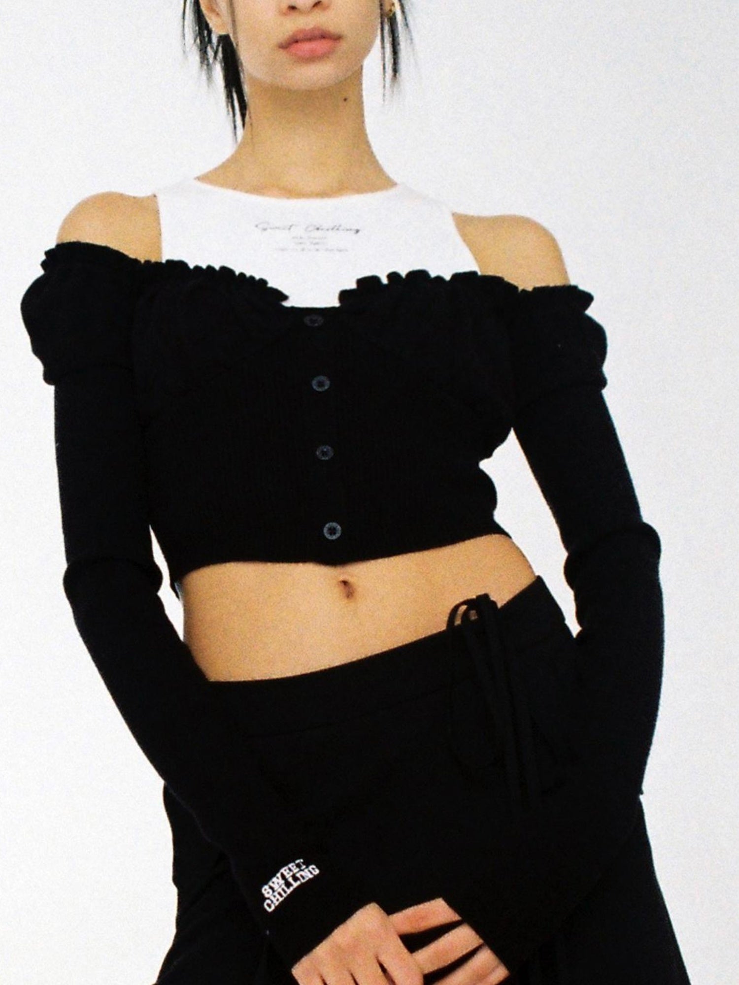 SweetChilling Off Shoulder Puff Sleeve Knit Top & Vest Set Women Sweaters