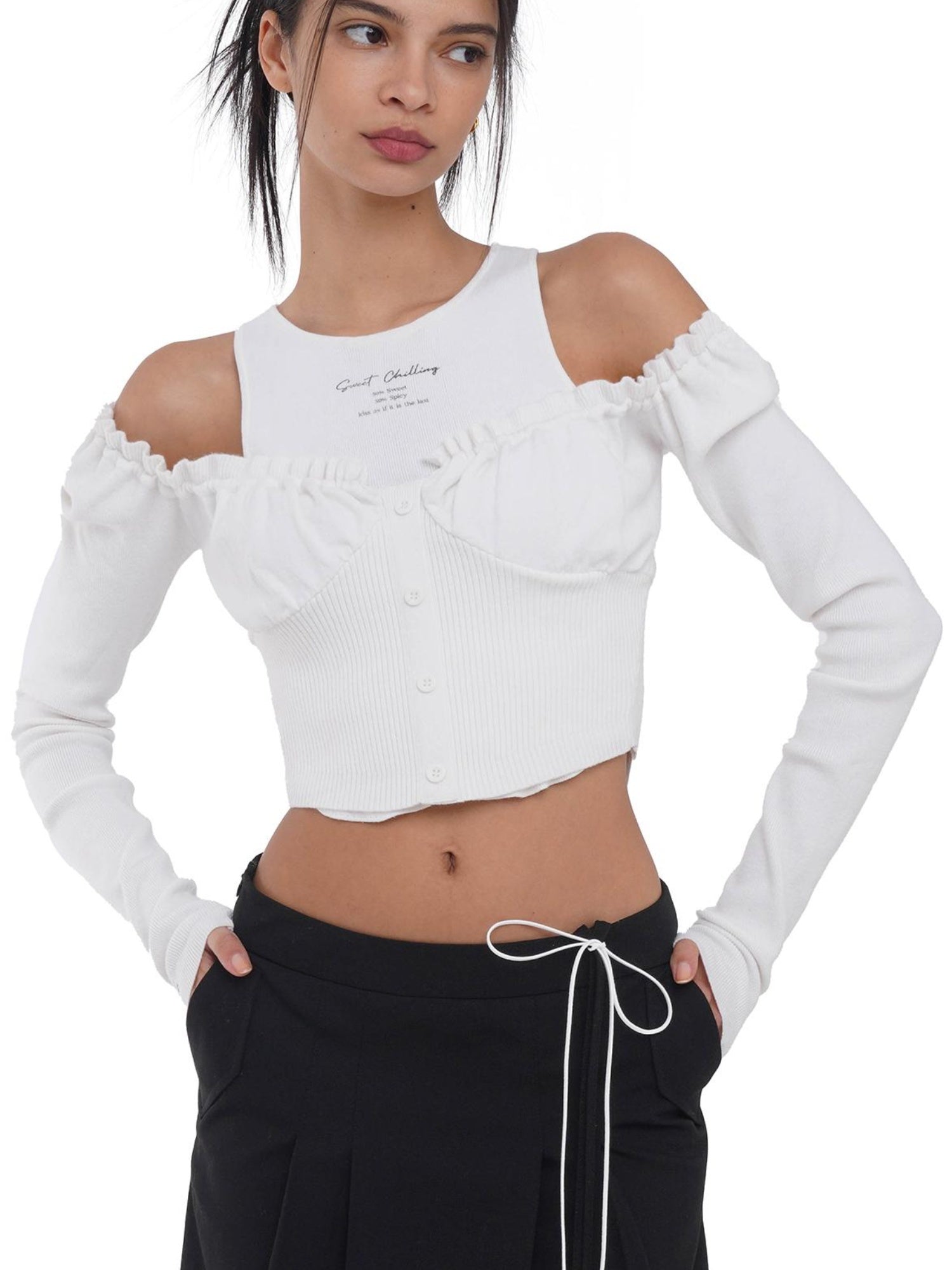 SweetChilling Off Shoulder Puff Sleeve Knit Top & Vest Set Women Sweaters