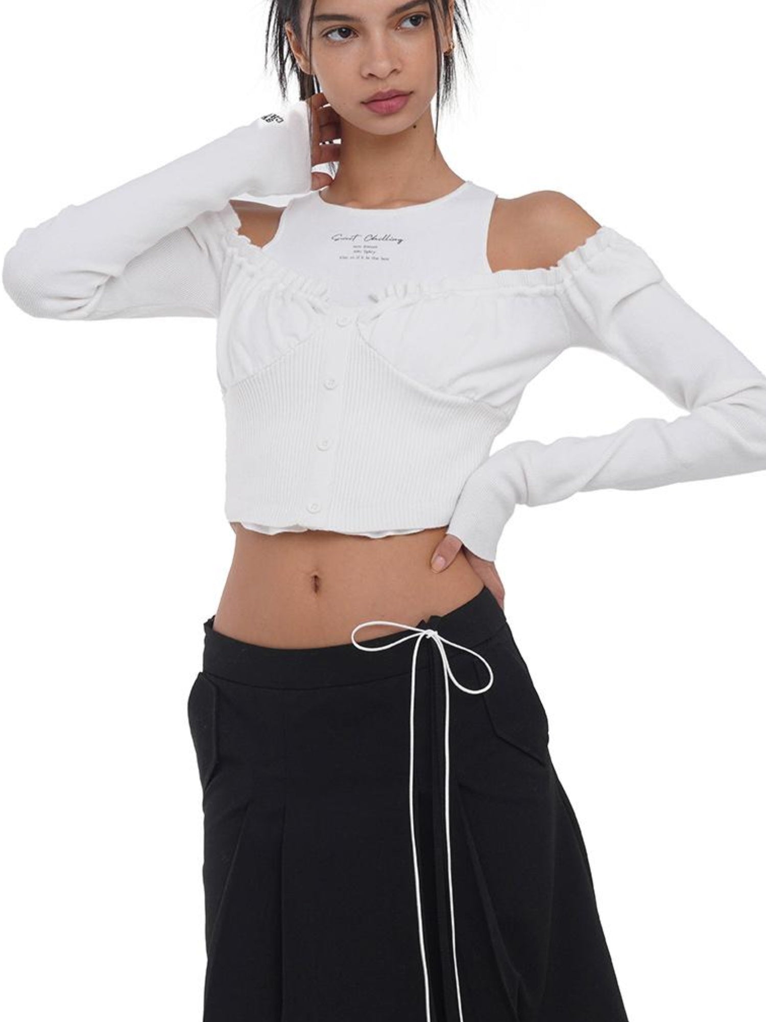 SweetChilling Off Shoulder Puff Sleeve Knit Top & Vest Set Women Sweaters