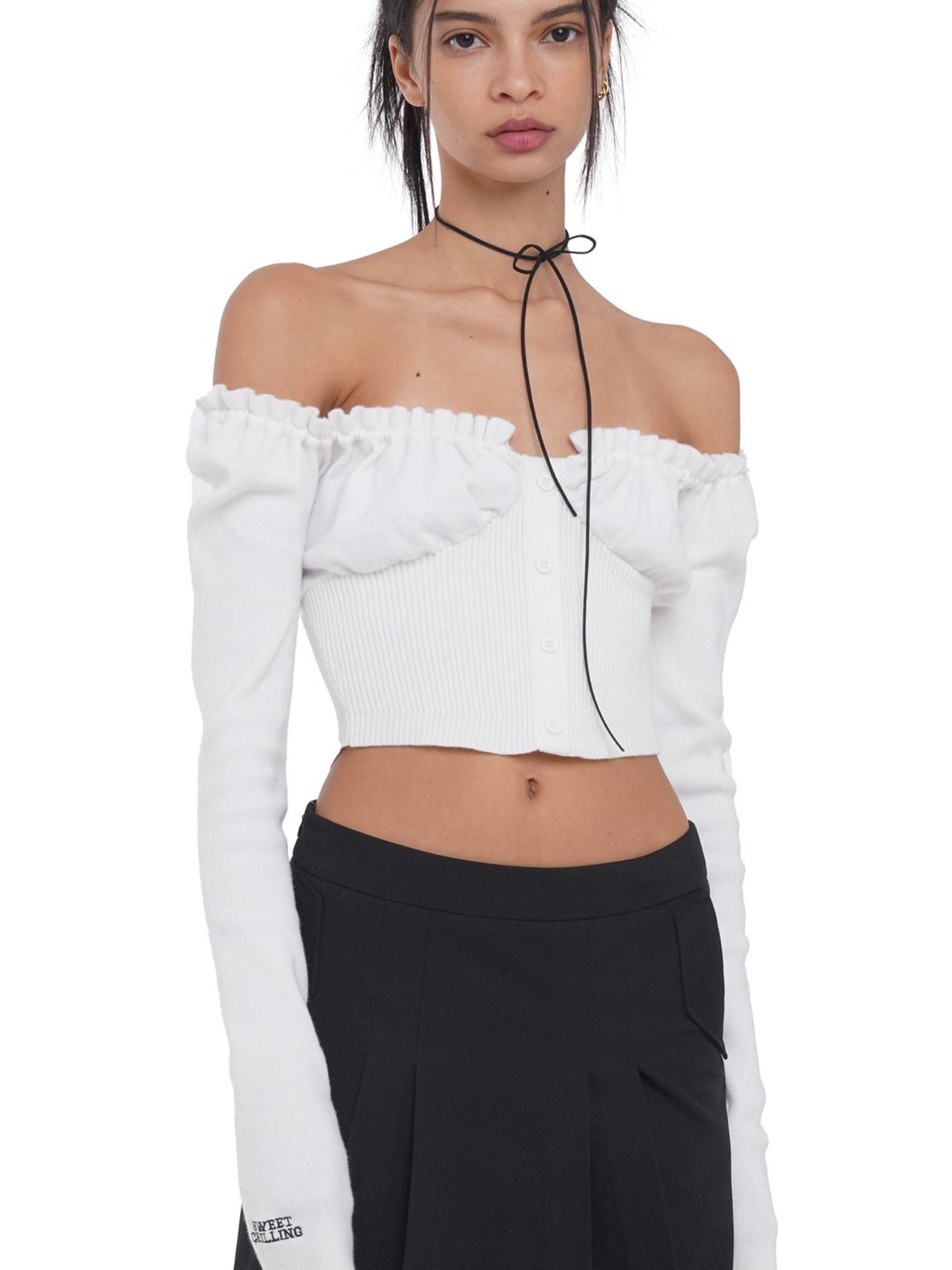 SweetChilling Off Shoulder Puff Sleeve Knit Top & Vest Set Women Sweaters