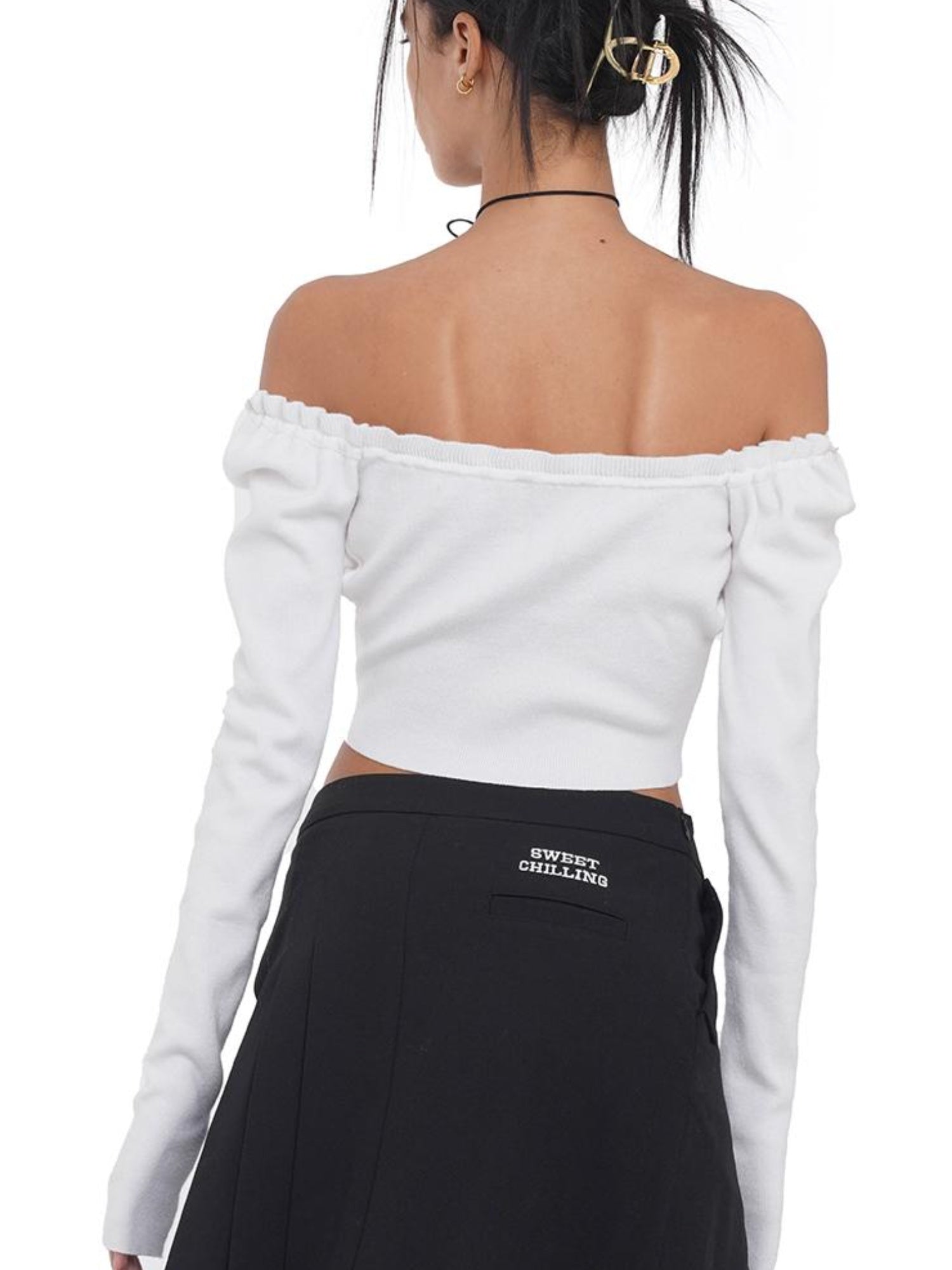 SweetChilling Off Shoulder Puff Sleeve Knit Top & Vest Set Women Sweaters